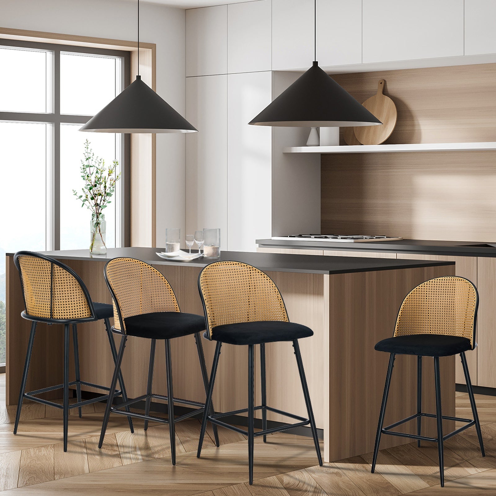 Oikiture Bar Stools Kitchen Counter Stool Rattan Dining Chair Velvet Black x4 - Sunyee