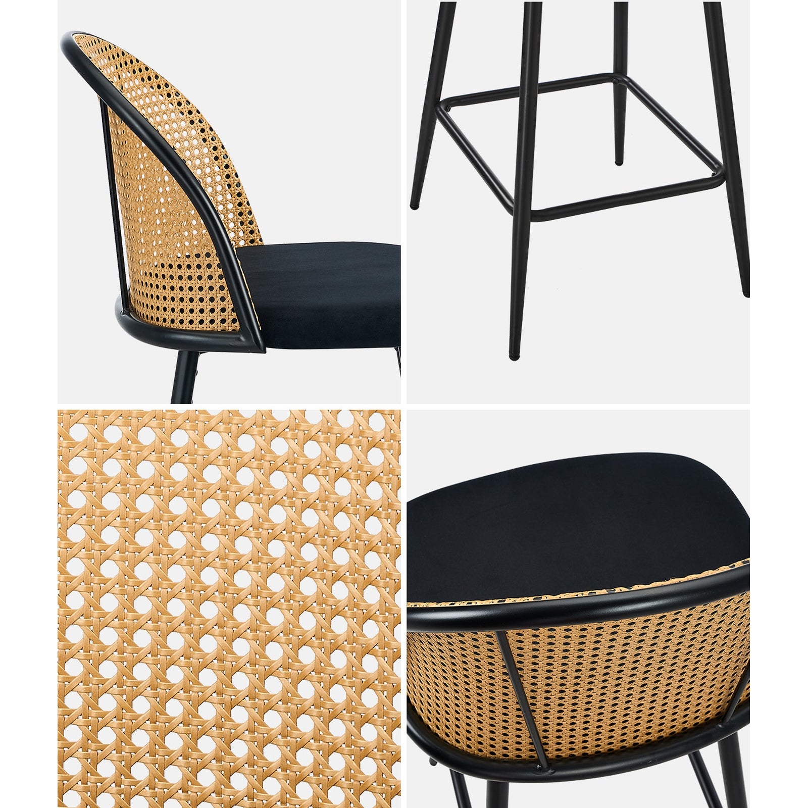 Oikiture Bar Stools Kitchen Counter Stool Rattan Dining Chair Velvet Black x4 - Sunyee