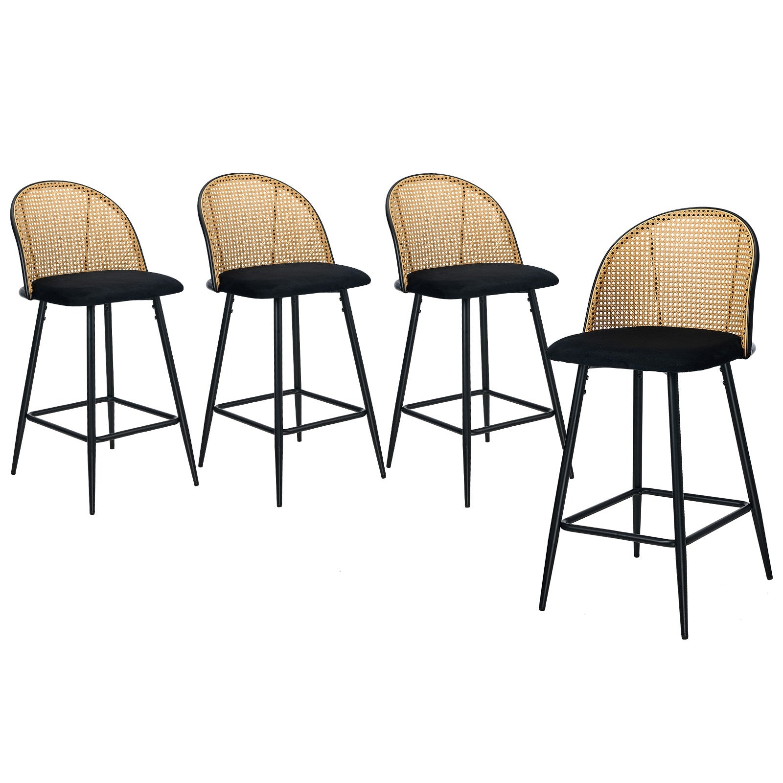 Oikiture Bar Stools Kitchen Counter Stool Rattan Dining Chair Velvet Black x4 - Sunyee