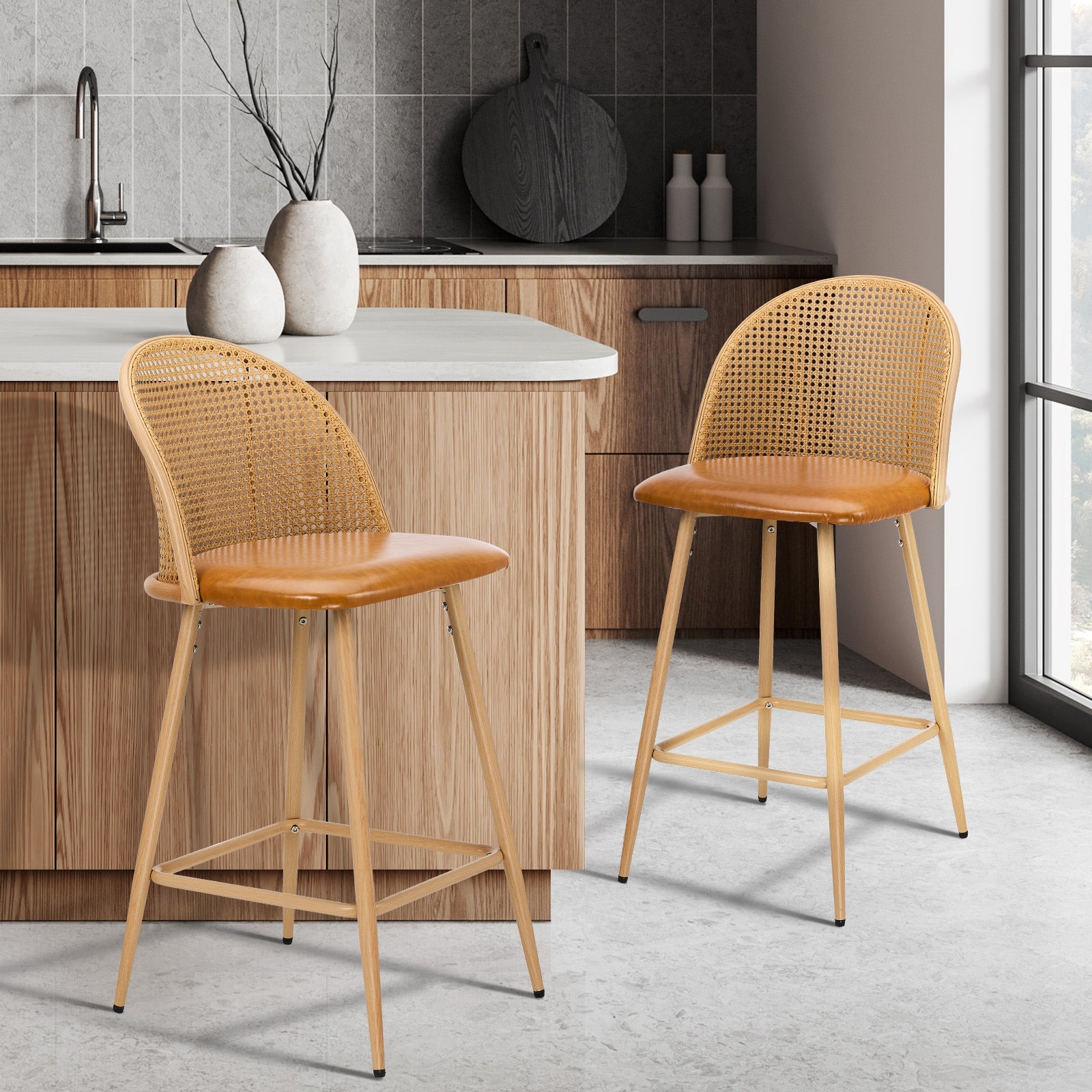 Oikiture Bar Stools Kitchen Counter Stool Rattan Dining Chair PU Brown x2 - Sunyee