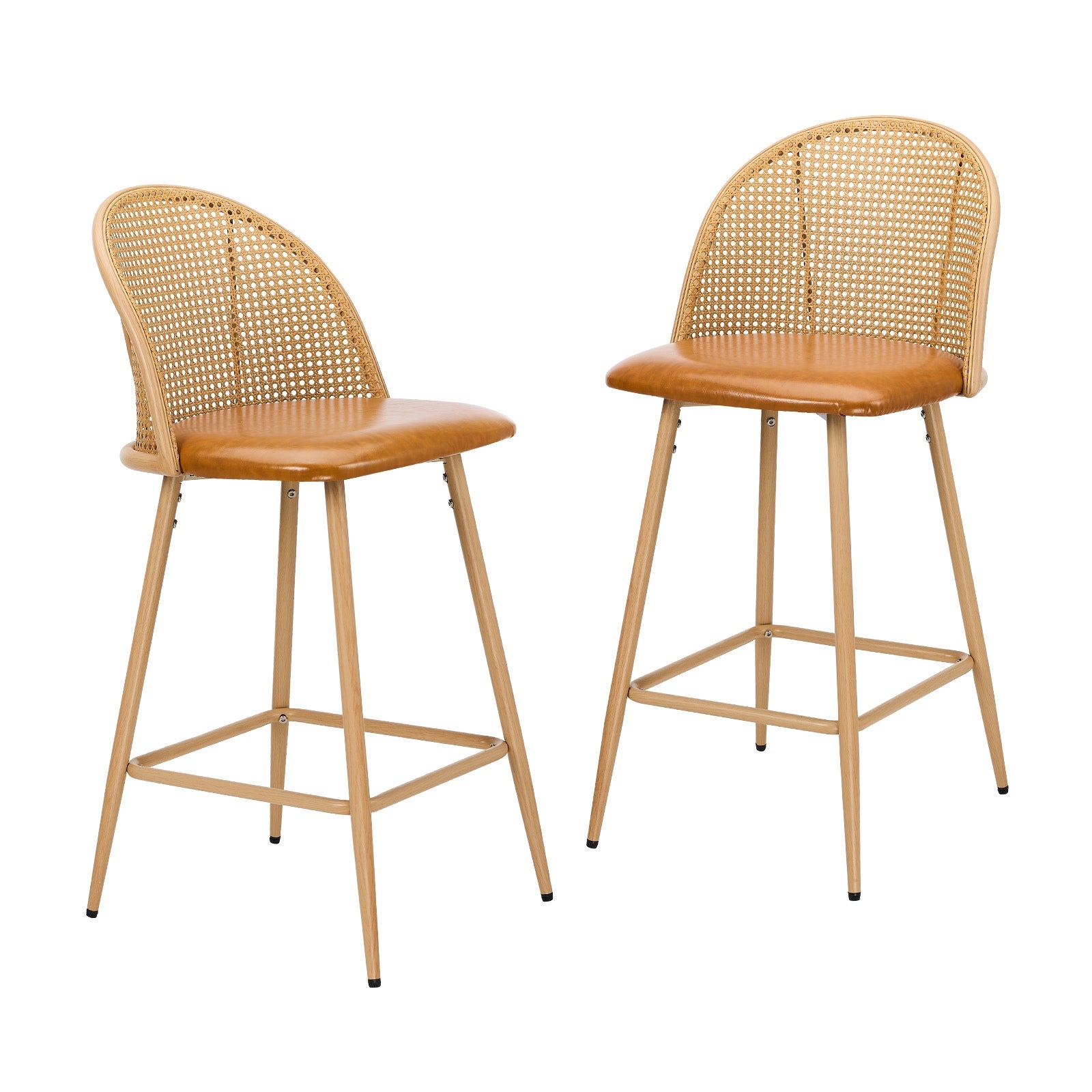 Oikiture Bar Stools Kitchen Counter Stool Rattan Dining Chair PU Brown x2 - Sunyee