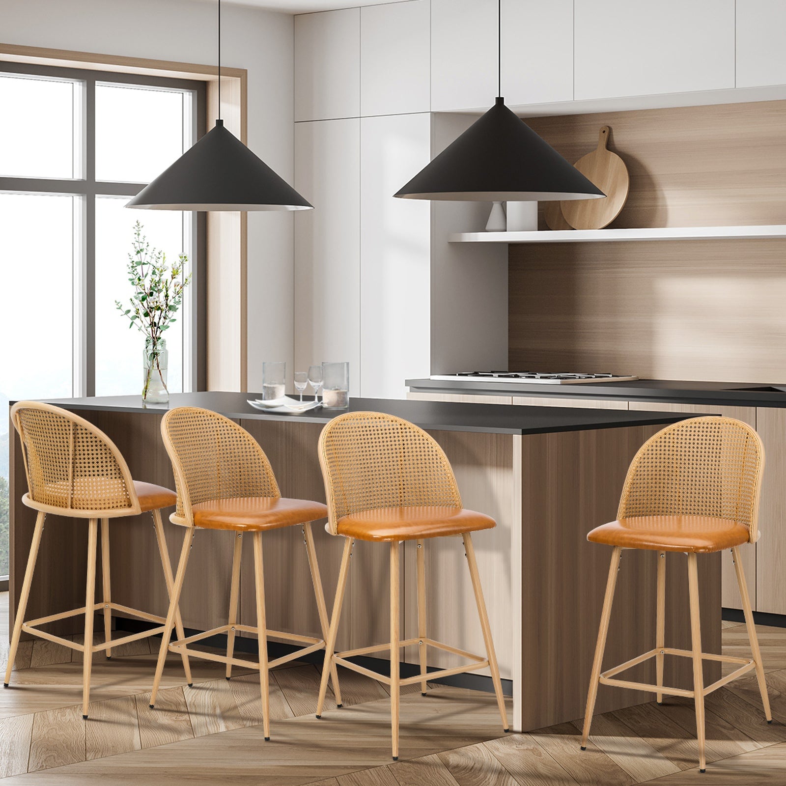 Oikiture Bar Stools Kitchen Counter Stool Rattan Dining Chair PU Brown x4 - Sunyee