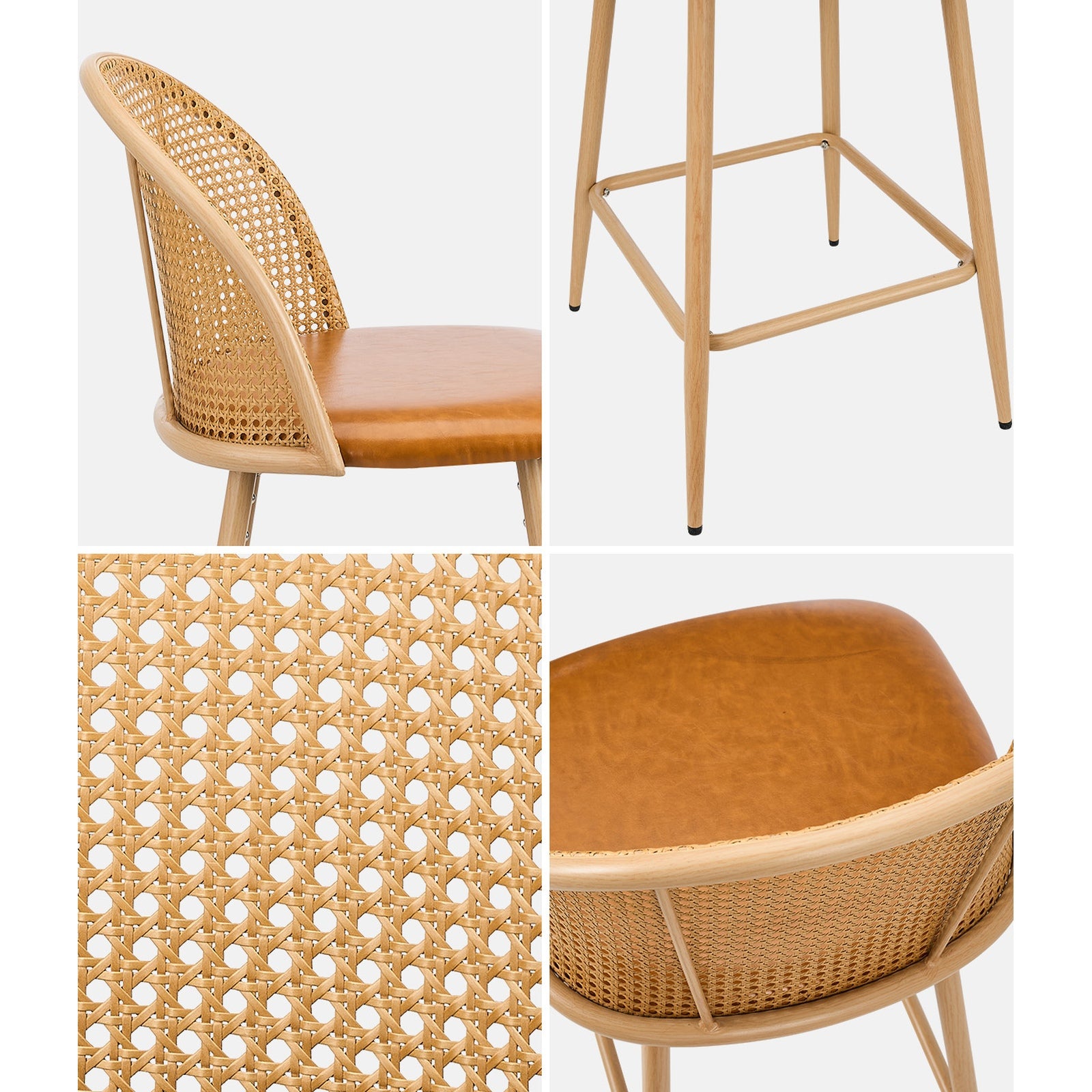 Oikiture Bar Stools Kitchen Counter Stool Rattan Dining Chair PU Brown x4 - Sunyee