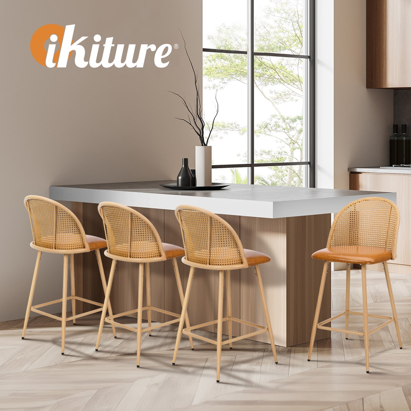 Oikiture Bar Stools Kitchen Counter Stool Rattan Dining Chair PU Brown x4 - Sunyee