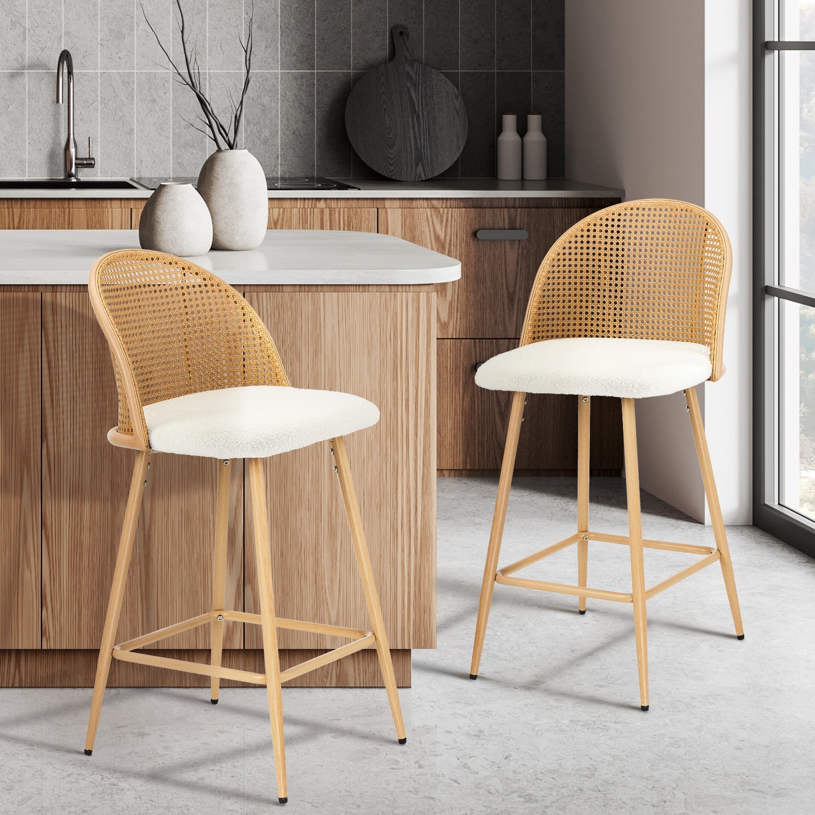 Oikiture Bar Stools Kitchen Counter Stool Rattan Dining Chair Boucle White x2 - Sunyee