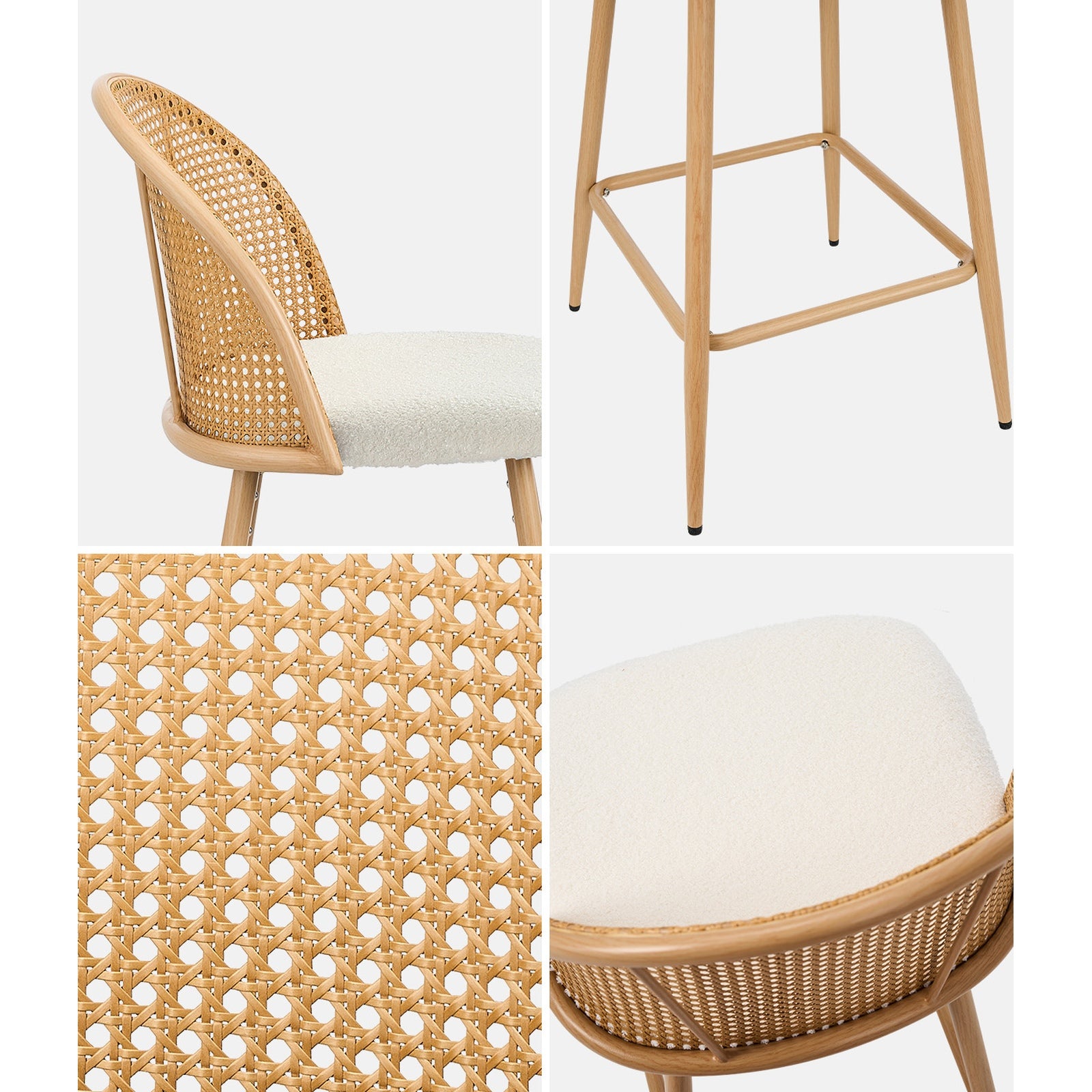 Oikiture Bar Stools Kitchen Counter Stool Rattan Dining Chair Boucle White x2 - Sunyee
