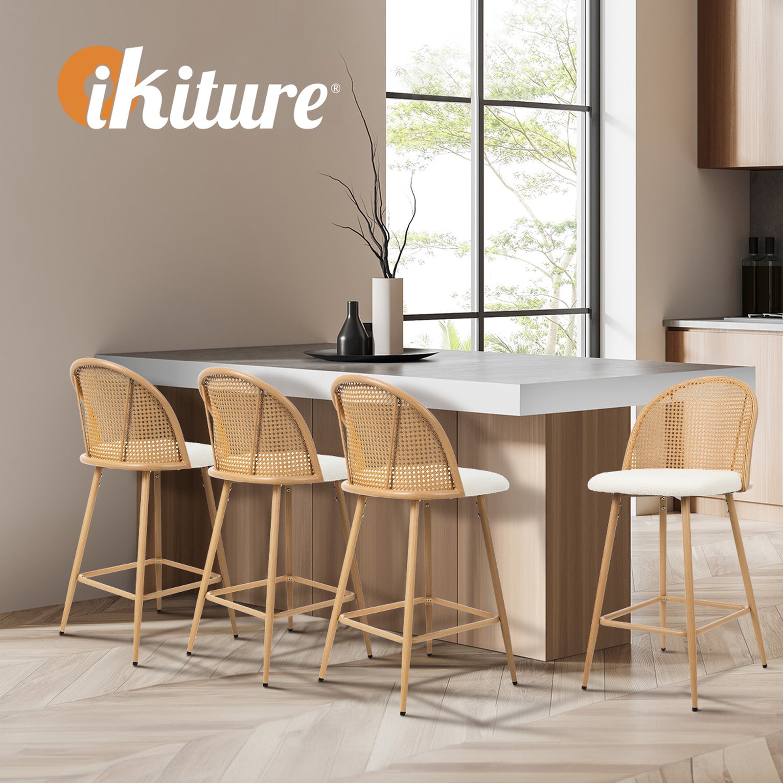 Oikiture Bar Stools Kitchen Counter Stool Rattan Dining Chair Boucle White x2 - Sunyee