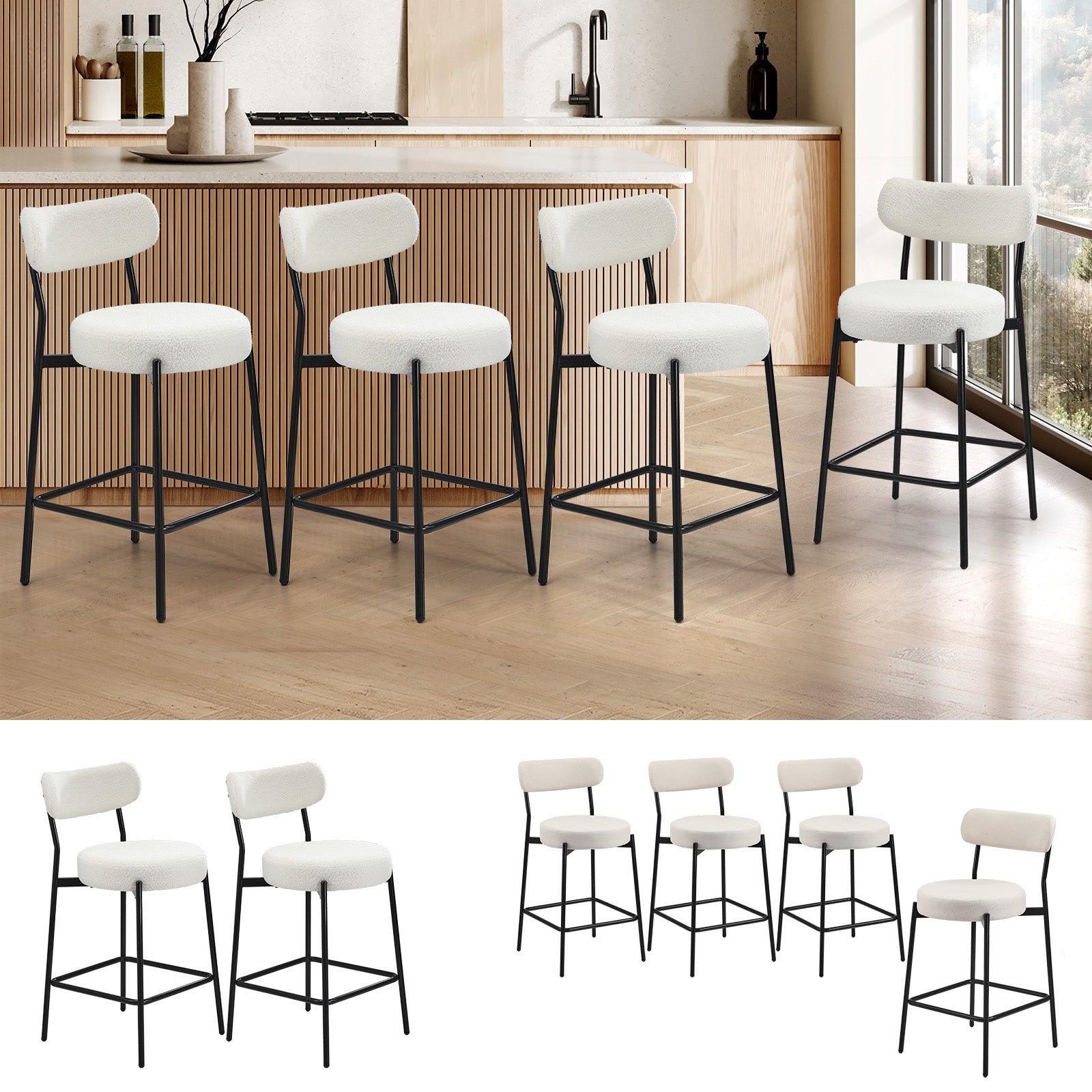 Oikiture Bar Stools Kitchen Dining Chairs Counter Stool Upholstered x2/x4 - Sunyee