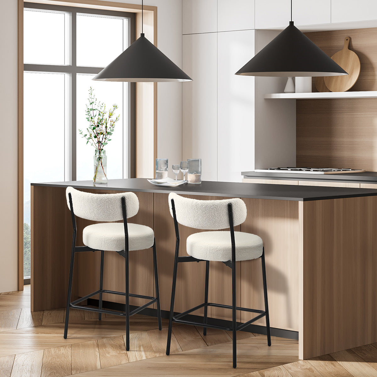 Oikiture 2x Bar Stools Kitchen Dining Chairs Counter Stool Boucle White - Sunyee