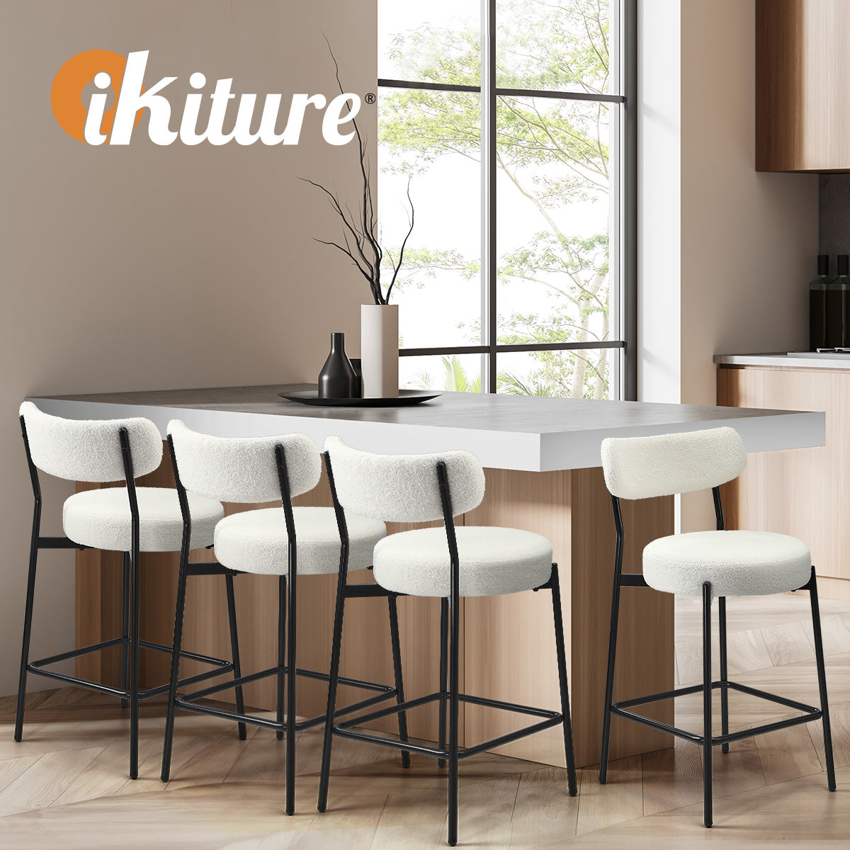 Oikiture 2x Bar Stools Kitchen Dining Chairs Counter Stool Boucle White - Sunyee