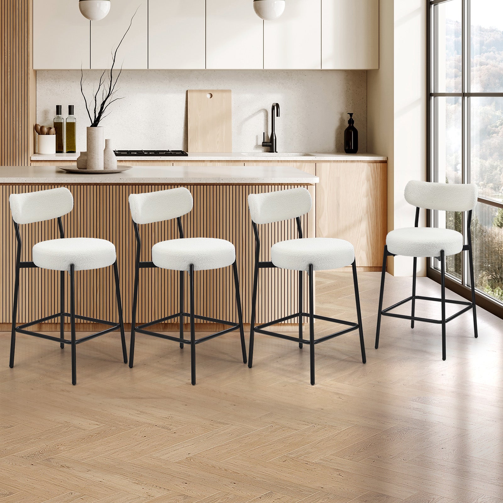 Oikiture 4x Bar Stools Kitchen Dining Chairs Counter Stool Boucle Fabric White - Sunyee