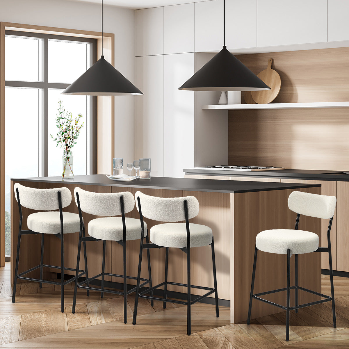 Oikiture 4x Bar Stools Kitchen Dining Chairs Counter Stool Boucle Fabric White - Sunyee