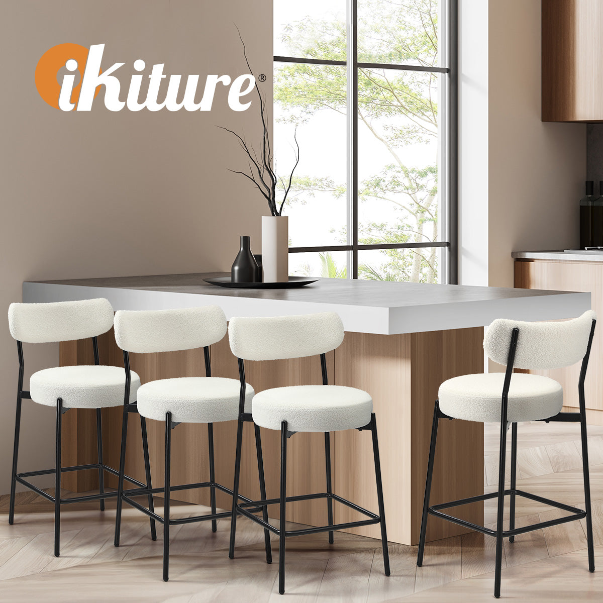 Oikiture 4x Bar Stools Kitchen Dining Chairs Counter Stool Boucle Fabric White - Sunyee