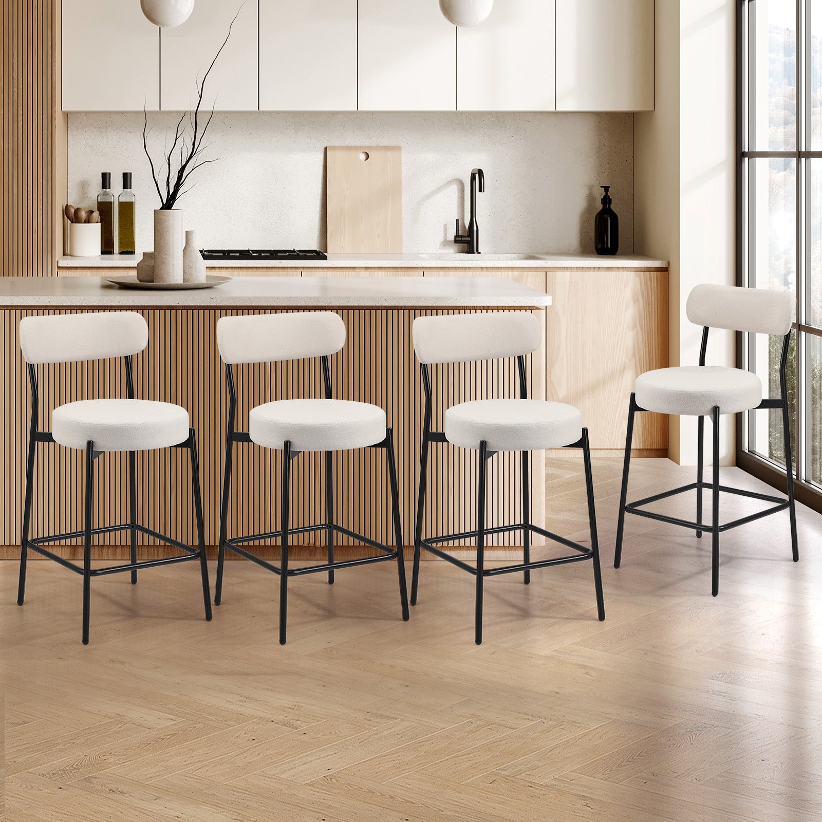 Oikiture 4x Bar Stools Kitchen Dining Chairs Counter Stool Beige - Sunyee