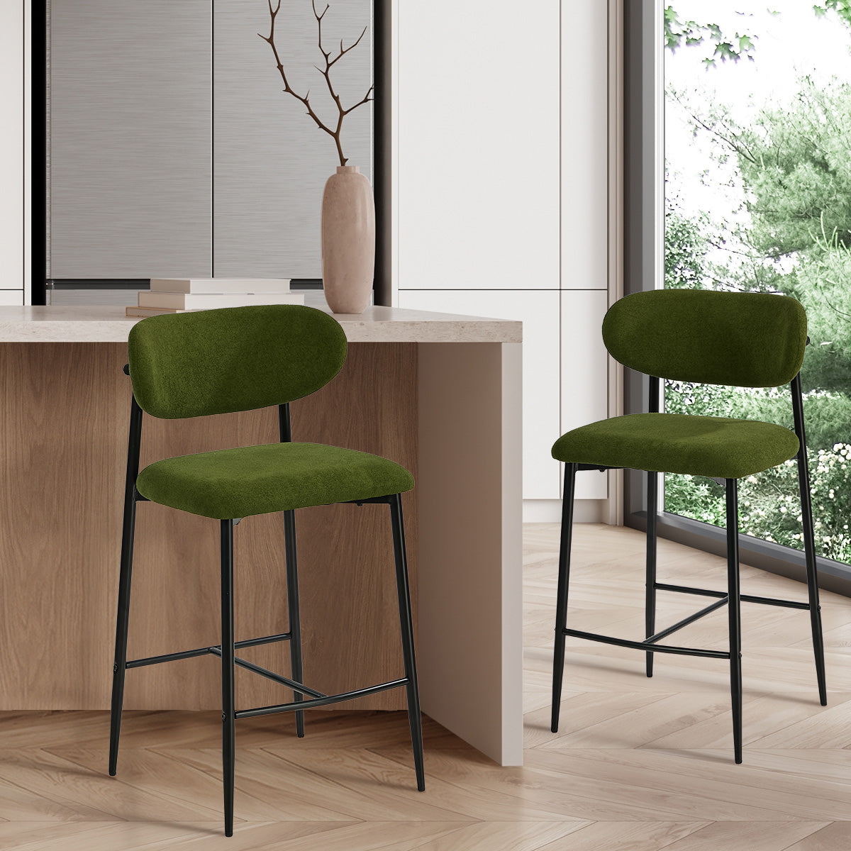 Oikiture 2x Bar Stools Kitchen Stool Counter Chair Fabric Green