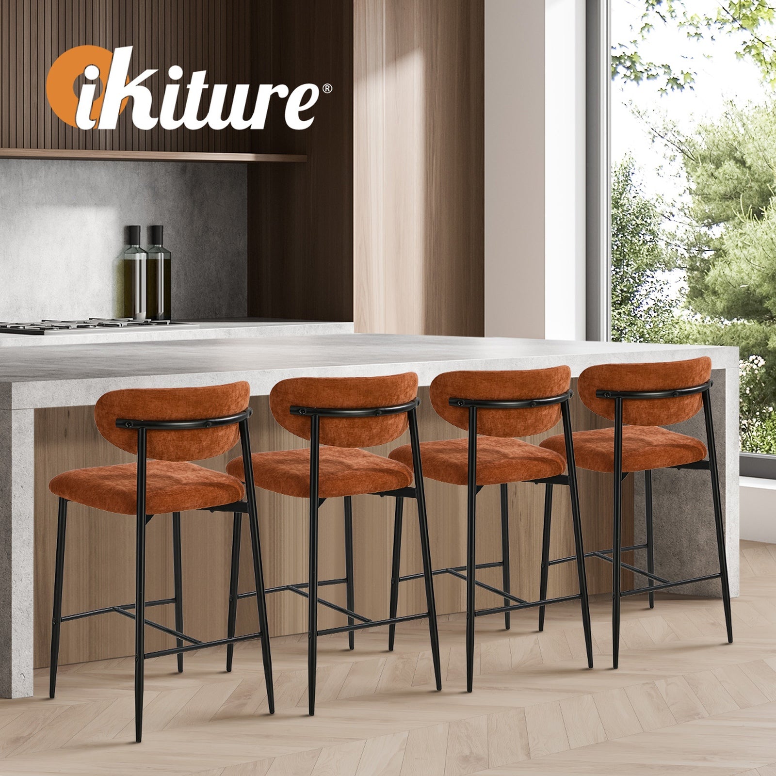 Oikiture 2x Bar Stools Kitchen Stool Counter Chair Fabric Orange
