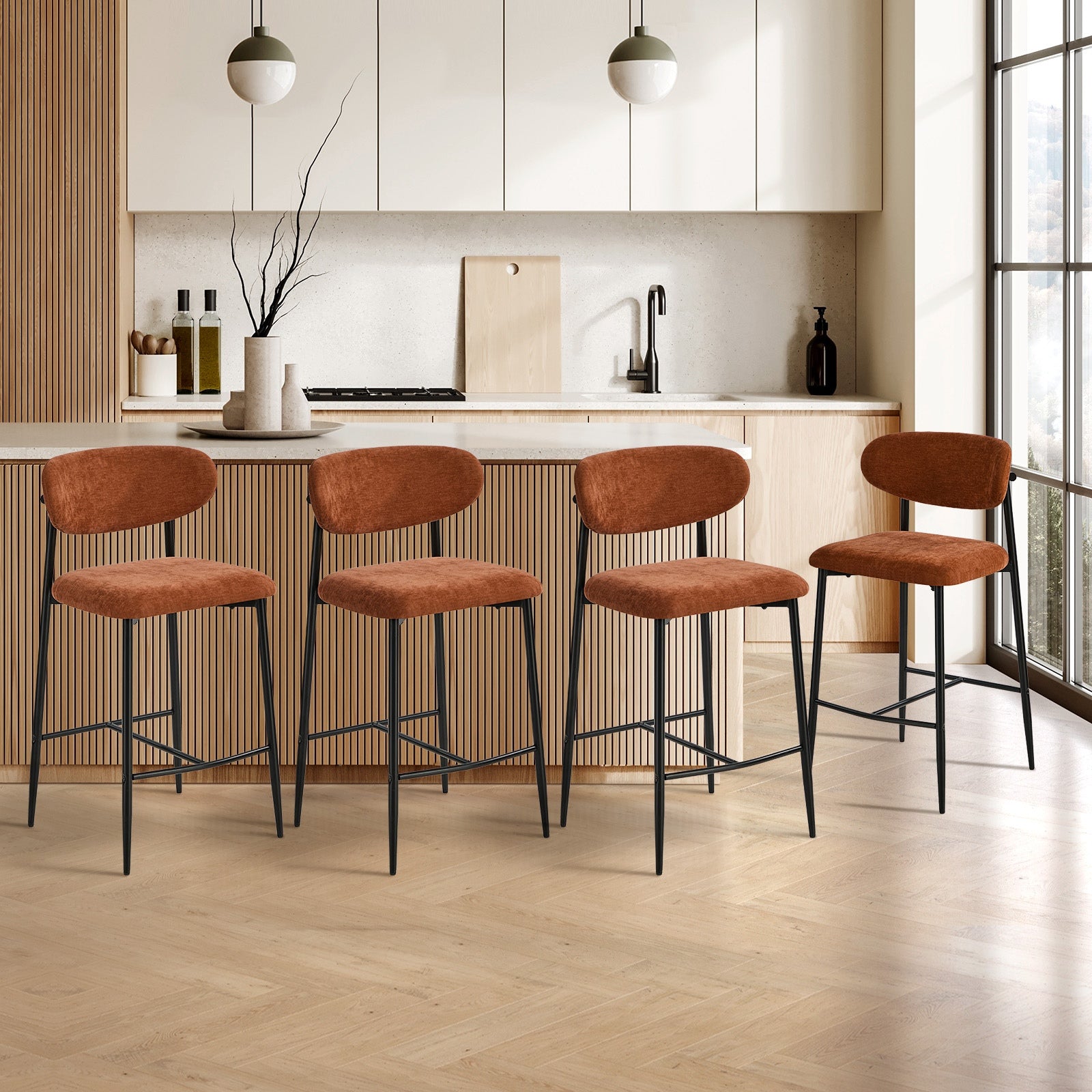 Oikiture 4x Bar Stools Kitchen Stool Counter Chair Fabric Orange