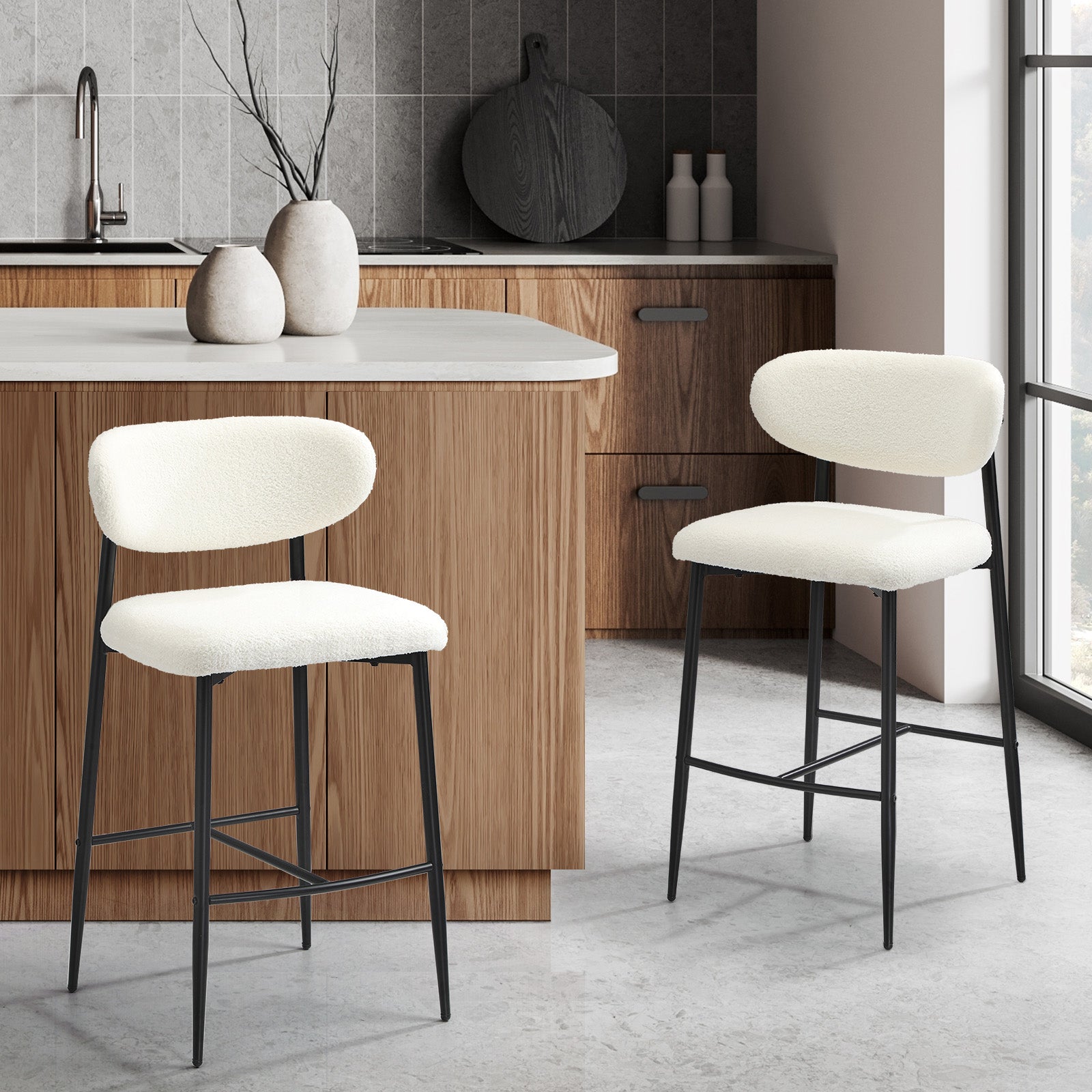 Oikiture 2x Bar Stools Kitchen Stool Counter Chair Boucle Fabric Black - Sunyee