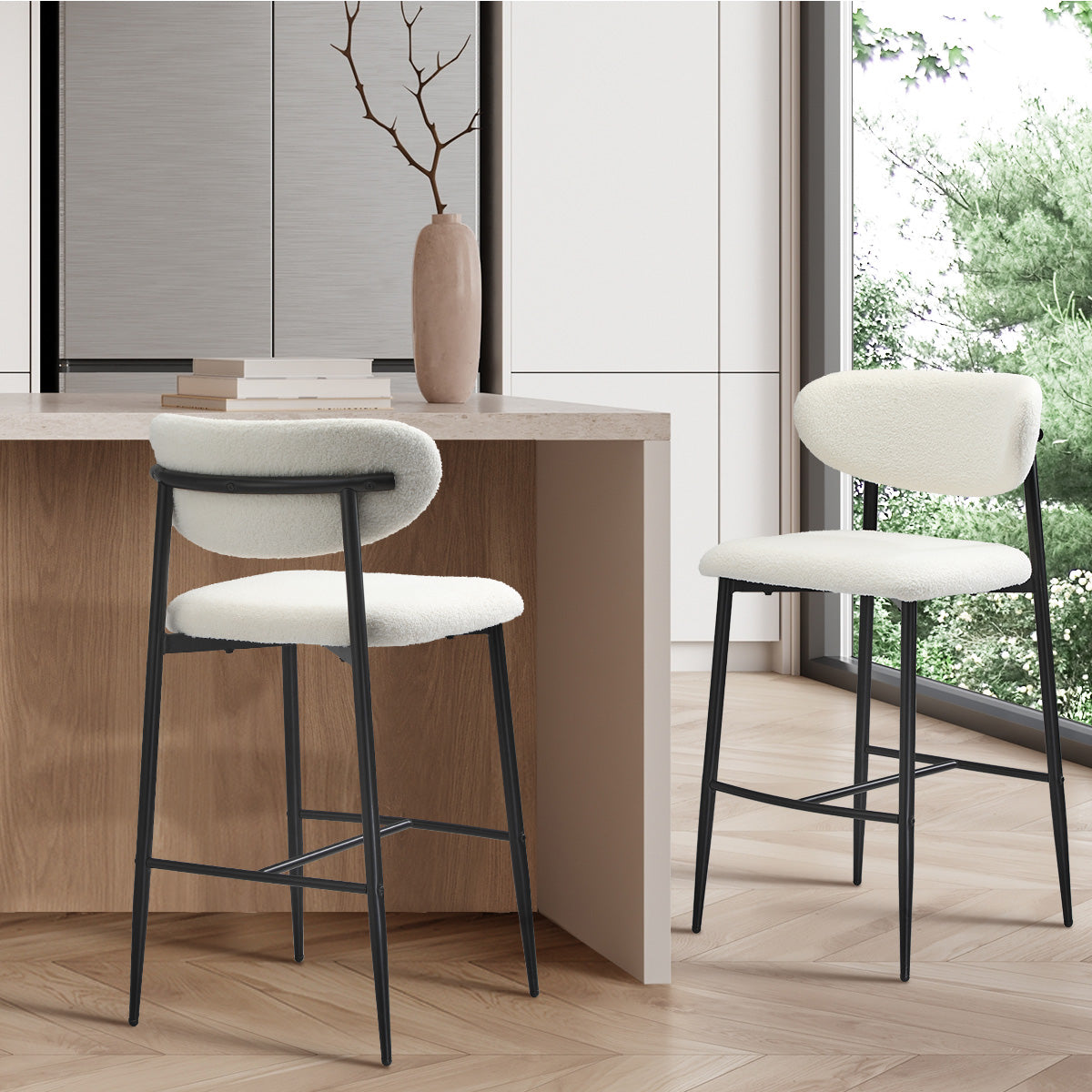 Oikiture 2x Bar Stools Kitchen Stool Counter Chair Boucle Fabric Black - Sunyee