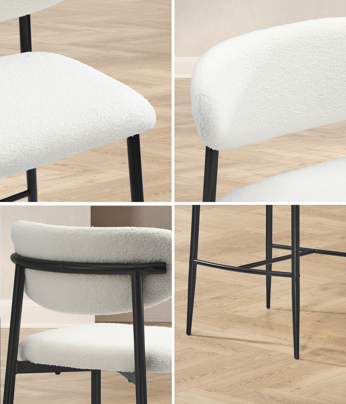 Oikiture 2x Bar Stools Kitchen Stool Counter Chair Boucle Fabric Black - Sunyee
