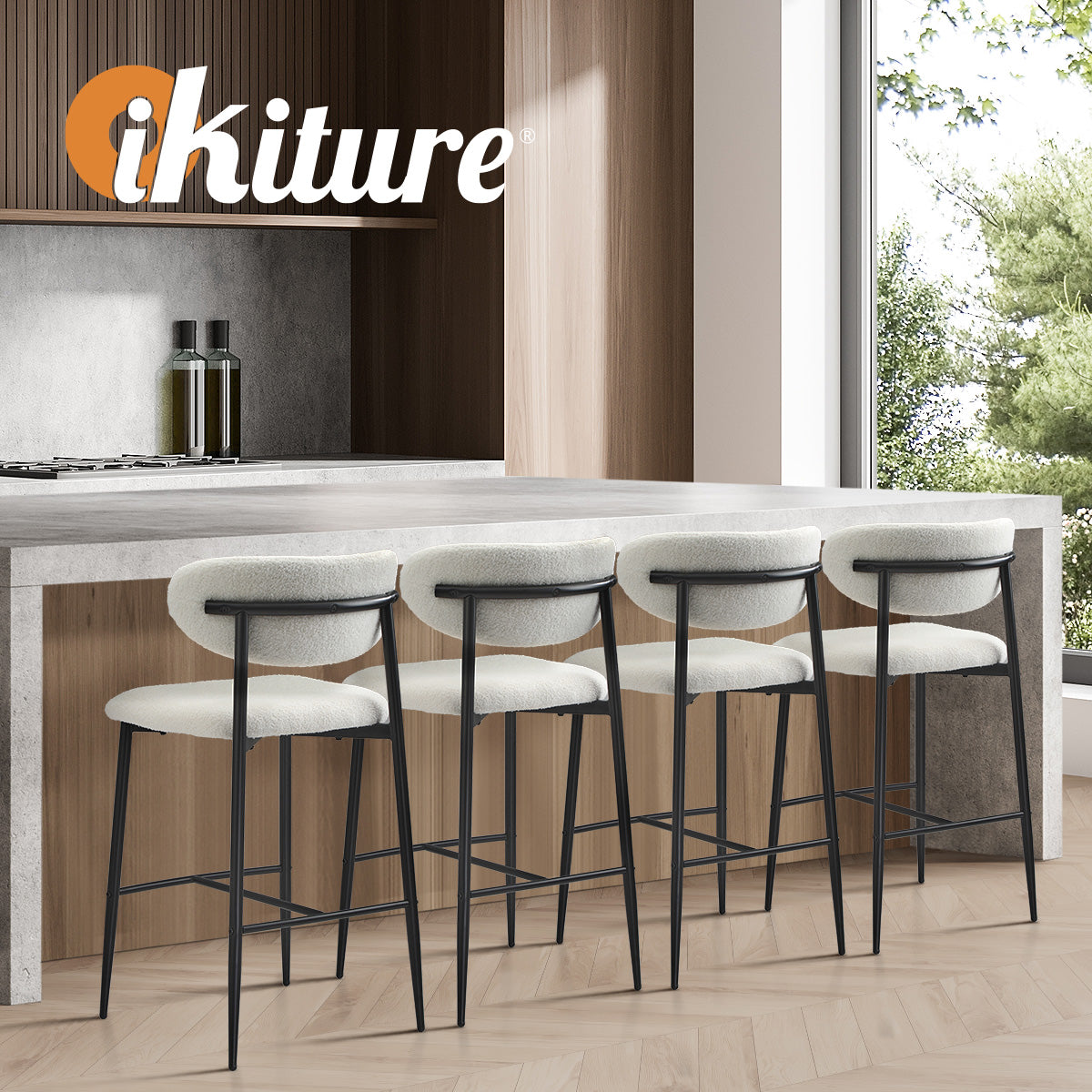 Oikiture 2x Bar Stools Kitchen Stool Counter Chair Boucle Fabric Black - Sunyee