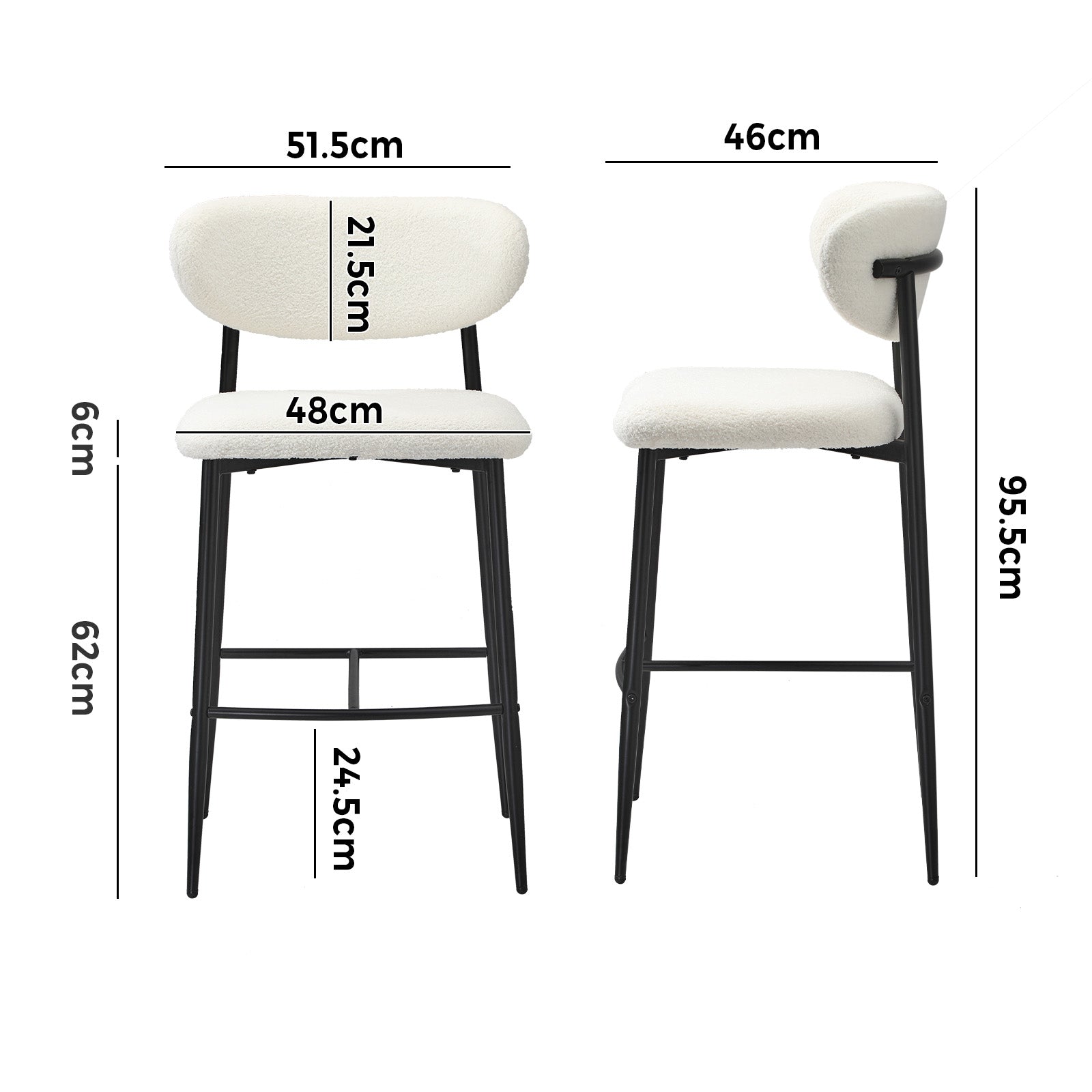 Oikiture 2x Bar Stools Kitchen Stool Counter Chair Boucle Fabric Black - Sunyee