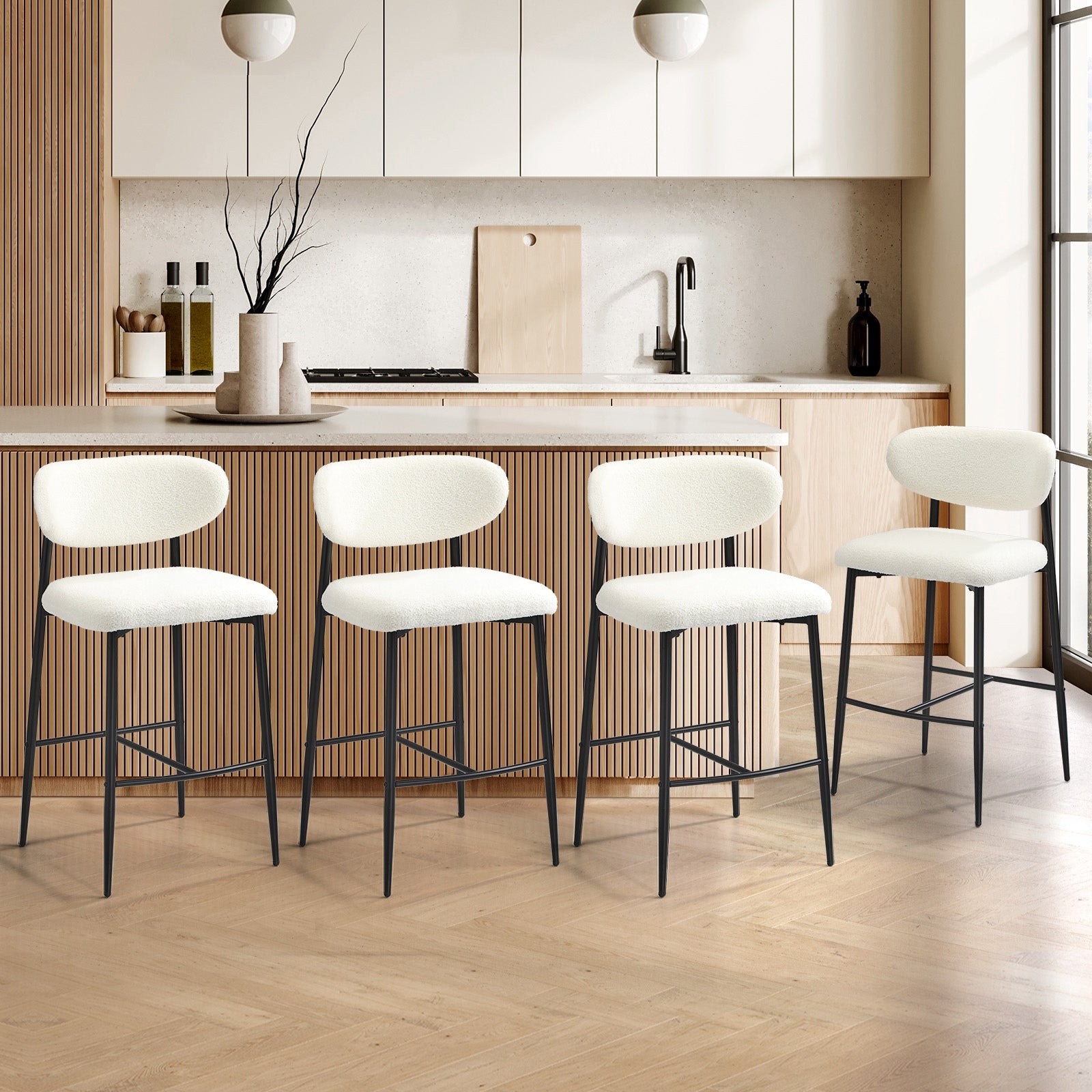 Oikiture 4x Bar Stools Kitchen Stool Counter Chair Boucle Fabric Black - Sunyee