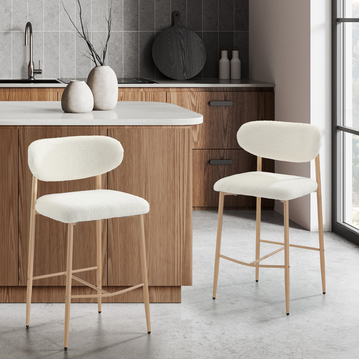 Oikiture 2x Bar Stools Kitchen Stool Counter Chair Boucle Fabric Natural - Sunyee
