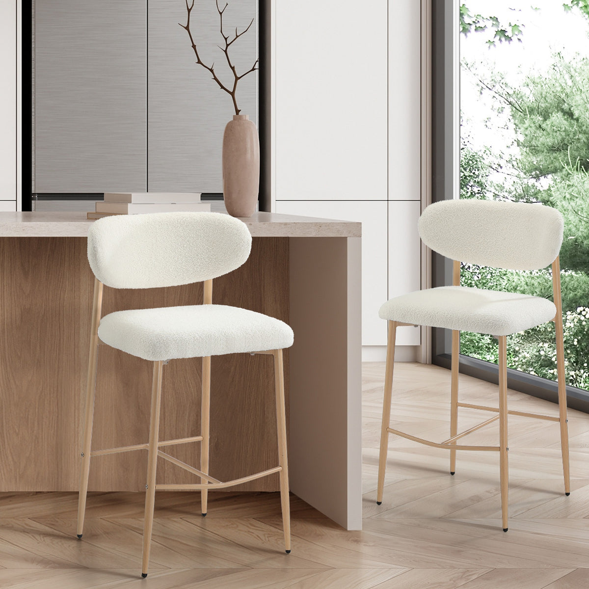 Oikiture 2x Bar Stools Kitchen Stool Counter Chair Boucle Fabric Natural - Sunyee