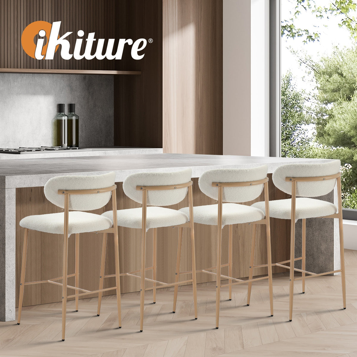 Oikiture 2x Bar Stools Kitchen Stool Counter Chair Boucle Fabric Natural - Sunyee