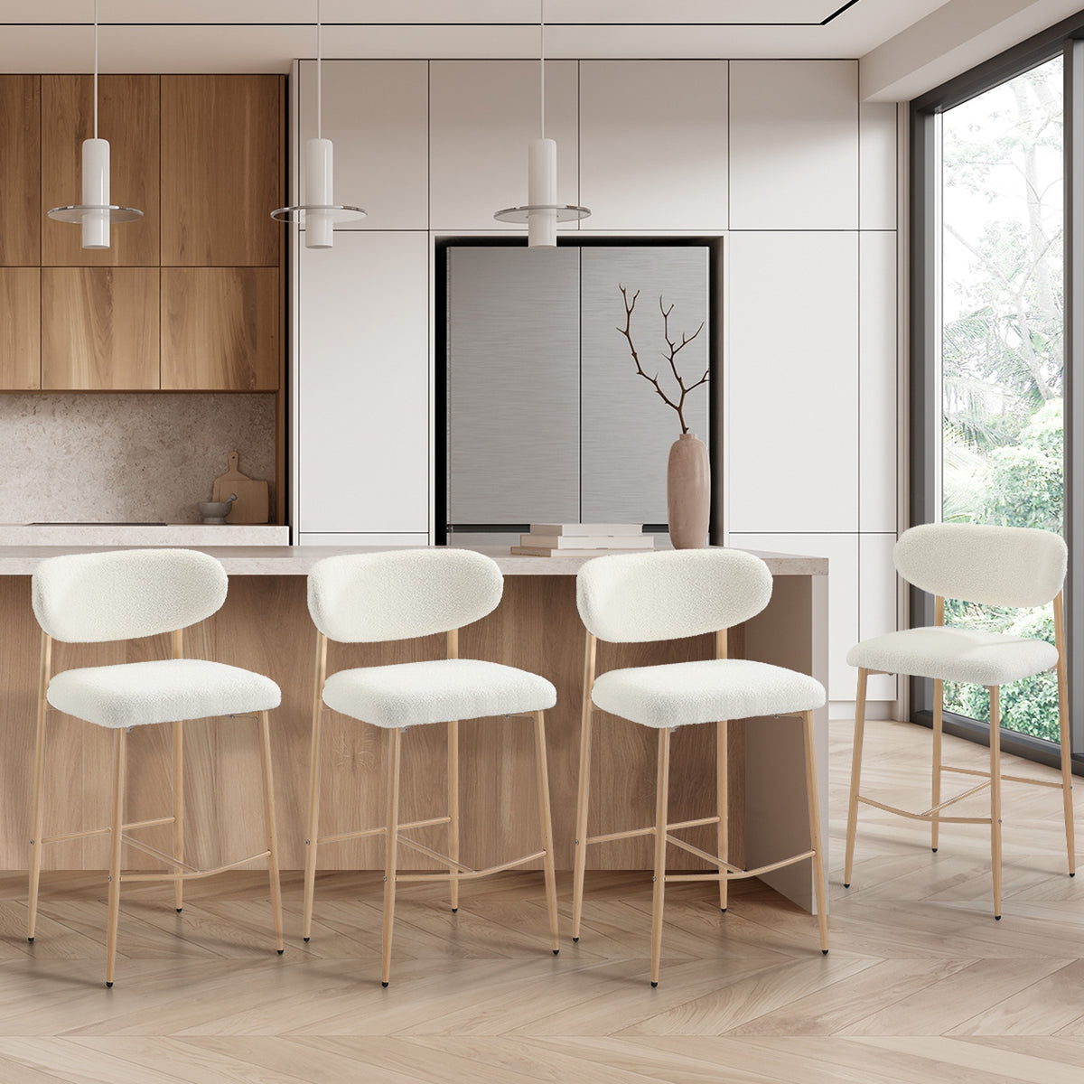 Oikiture 4x Bar Stools Kitchen Stool Counter Chair Boucle Fabric Natural
