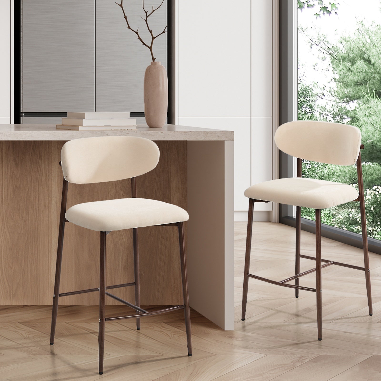 Oikiture 2x Bar Stools Kitchen Stool Counter Chair Boucle Walnut