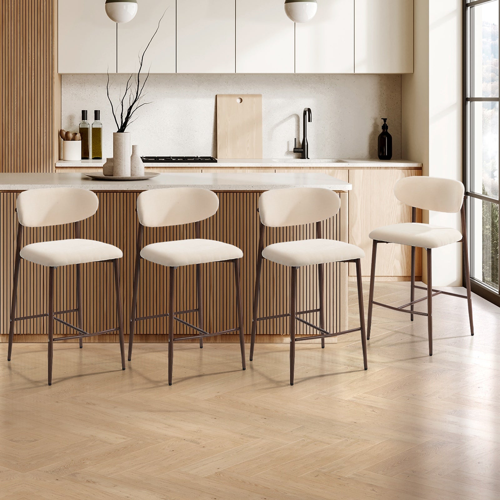 Oikiture 4x Bar Stools Kitchen Stool Counter Chair Boucle Walnut