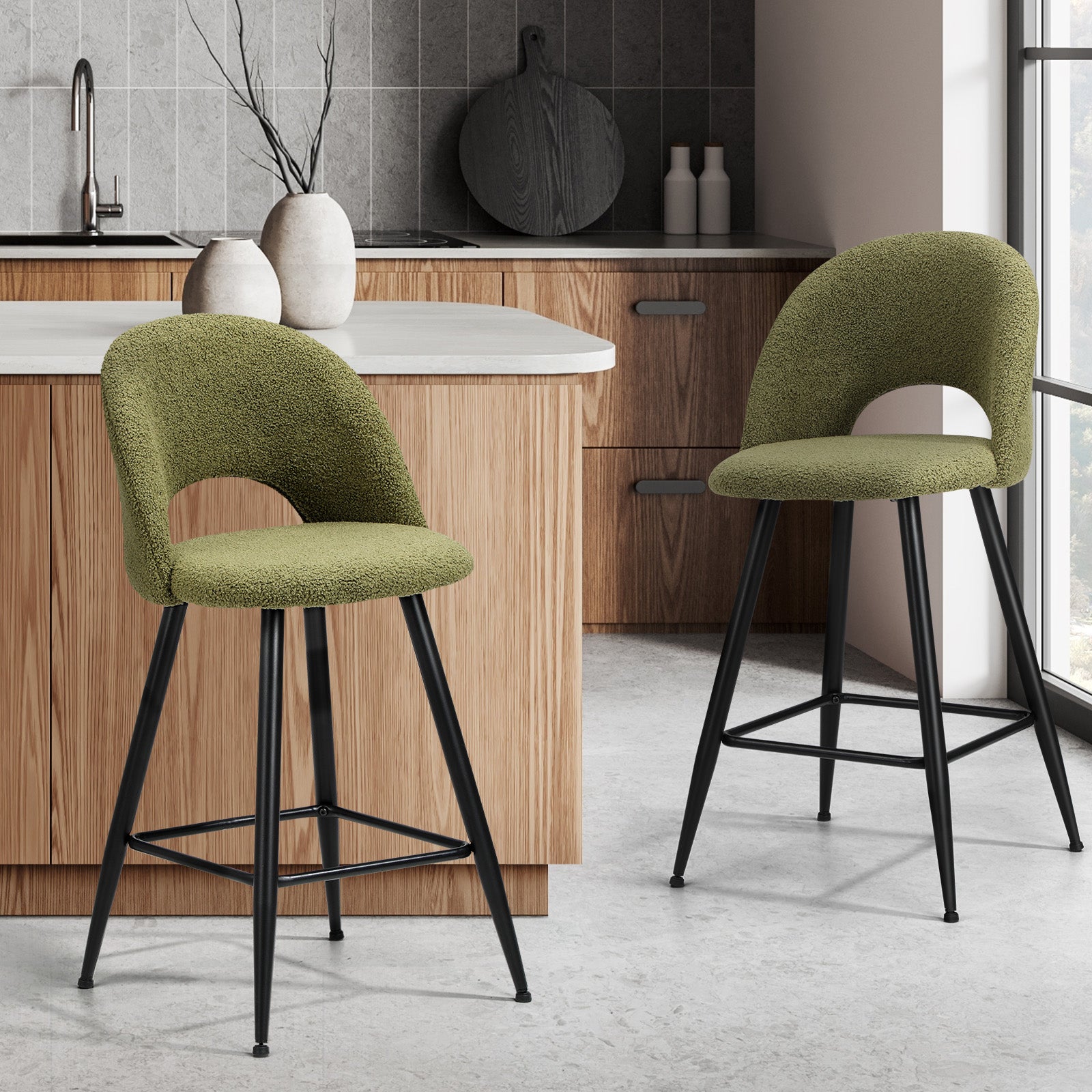 Oikiture 2x Bar Stools Kitchen Counter Stool Dining Chairs Boucle Green HORN - Sunyee