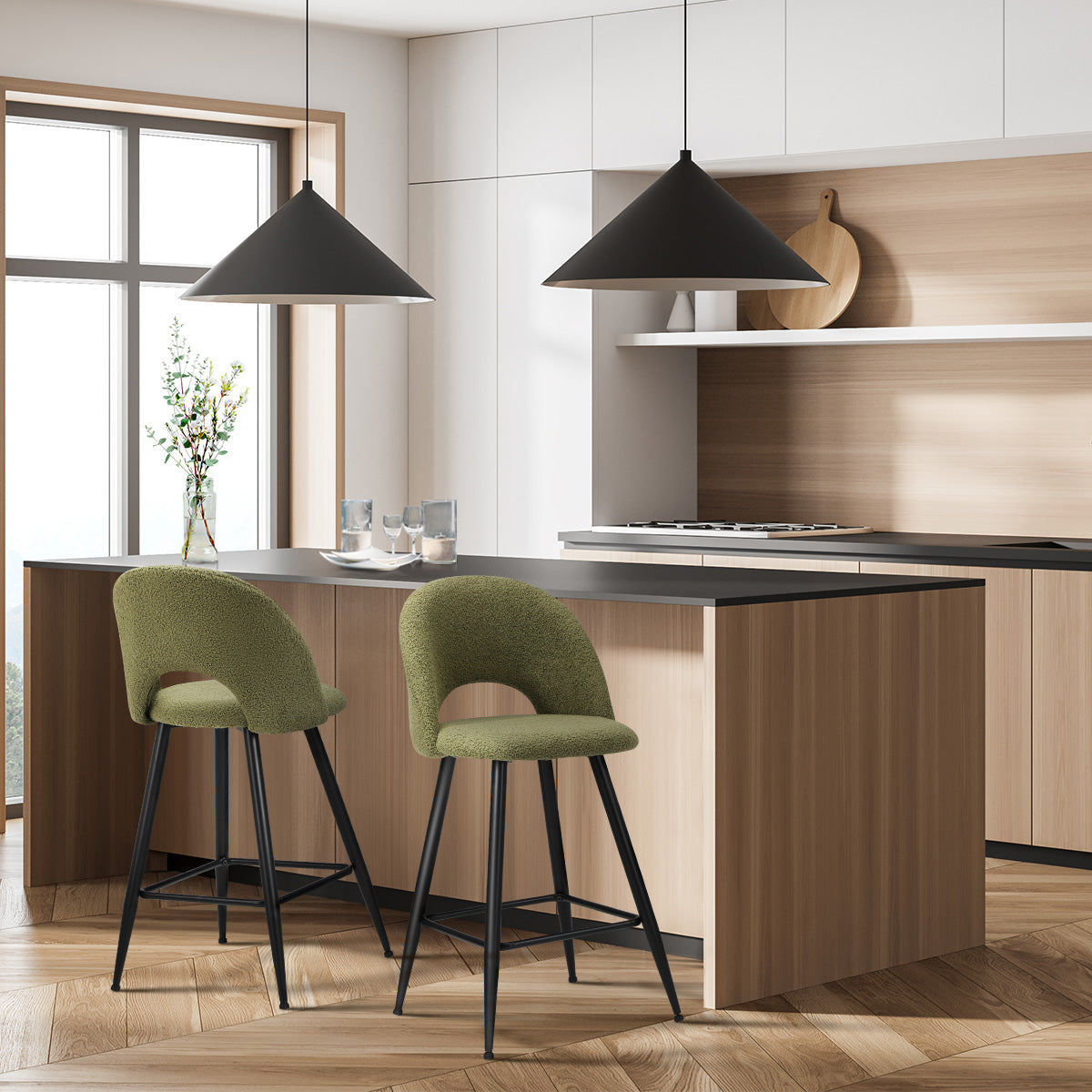 Oikiture 2x Bar Stools Kitchen Counter Stool Dining Chairs Boucle Green HORN - Sunyee