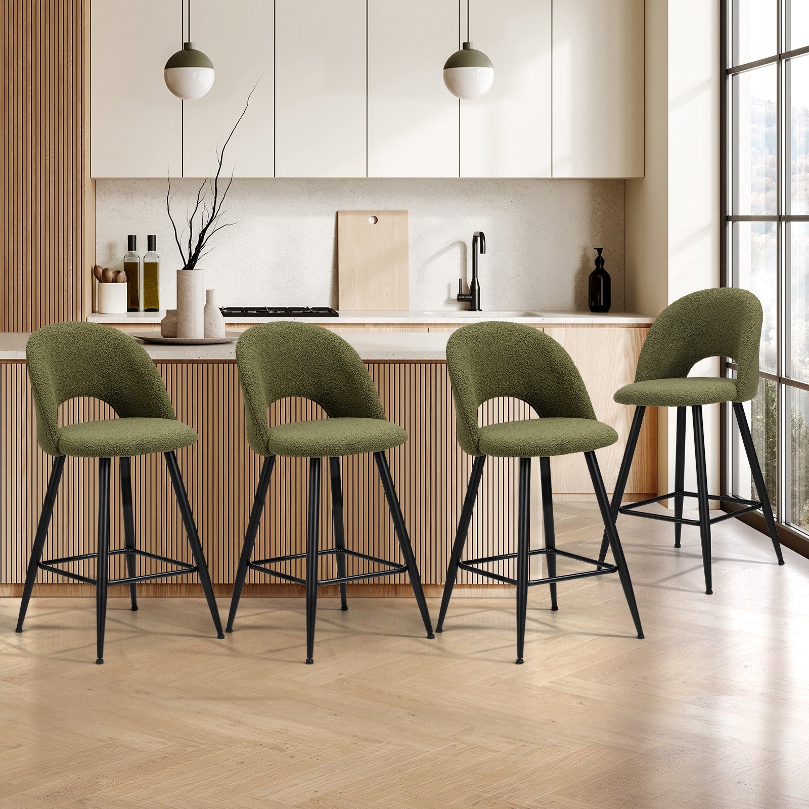 Oikiture 4x Bar Stools Kitchen Counter Stool Dining Chairs Boucle Green HORN - Sunyee