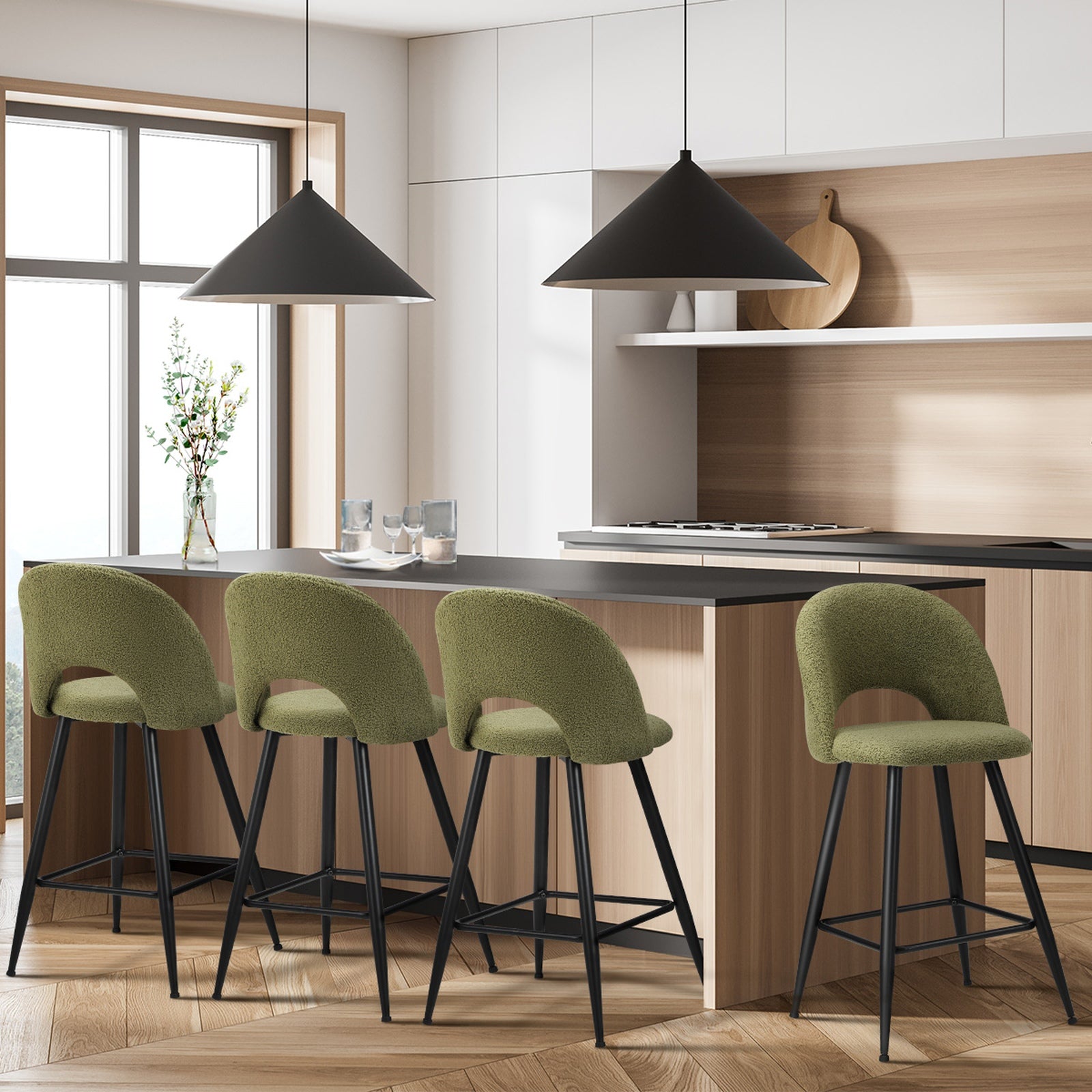 Oikiture 4x Bar Stools Kitchen Counter Stool Dining Chairs Boucle Green HORN - Sunyee