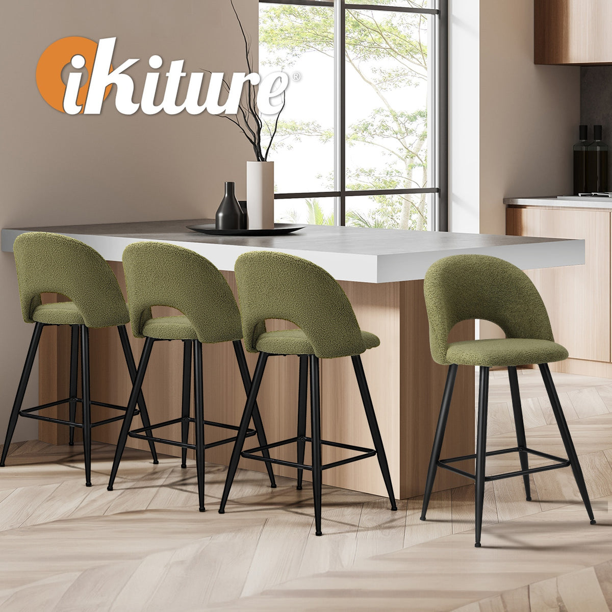 Oikiture 4x Bar Stools Kitchen Counter Stool Dining Chairs Boucle Green HORN