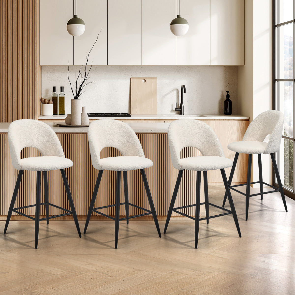 Oikiture 4x Bar Stools Kitchen Counter Stool Dining Chairs Boucle White HORN