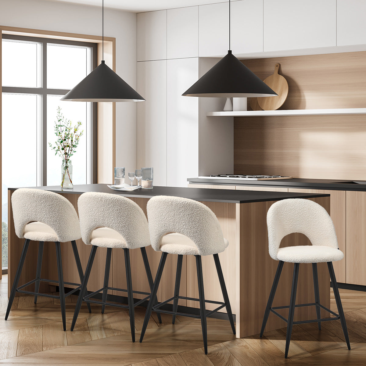 Oikiture 4x Bar Stools Kitchen Counter Stool Dining Chairs Boucle White HORN