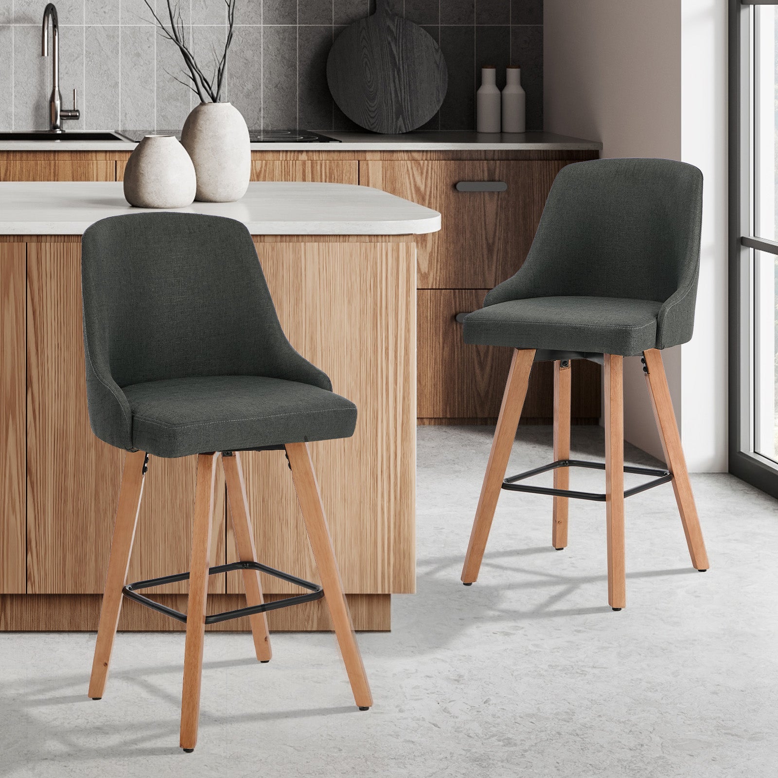 Oikiture 2x Bar Stools Kitchen Dining Chairs Swivel Wooden Stool Linen Grey - Sunyee