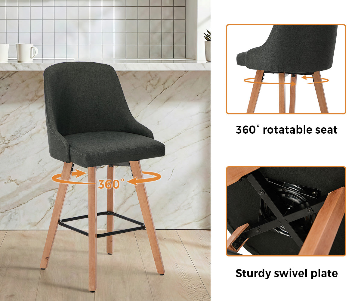 Oikiture 2x Bar Stools Kitchen Dining Chairs Swivel Wooden Stool Linen Grey - Sunyee