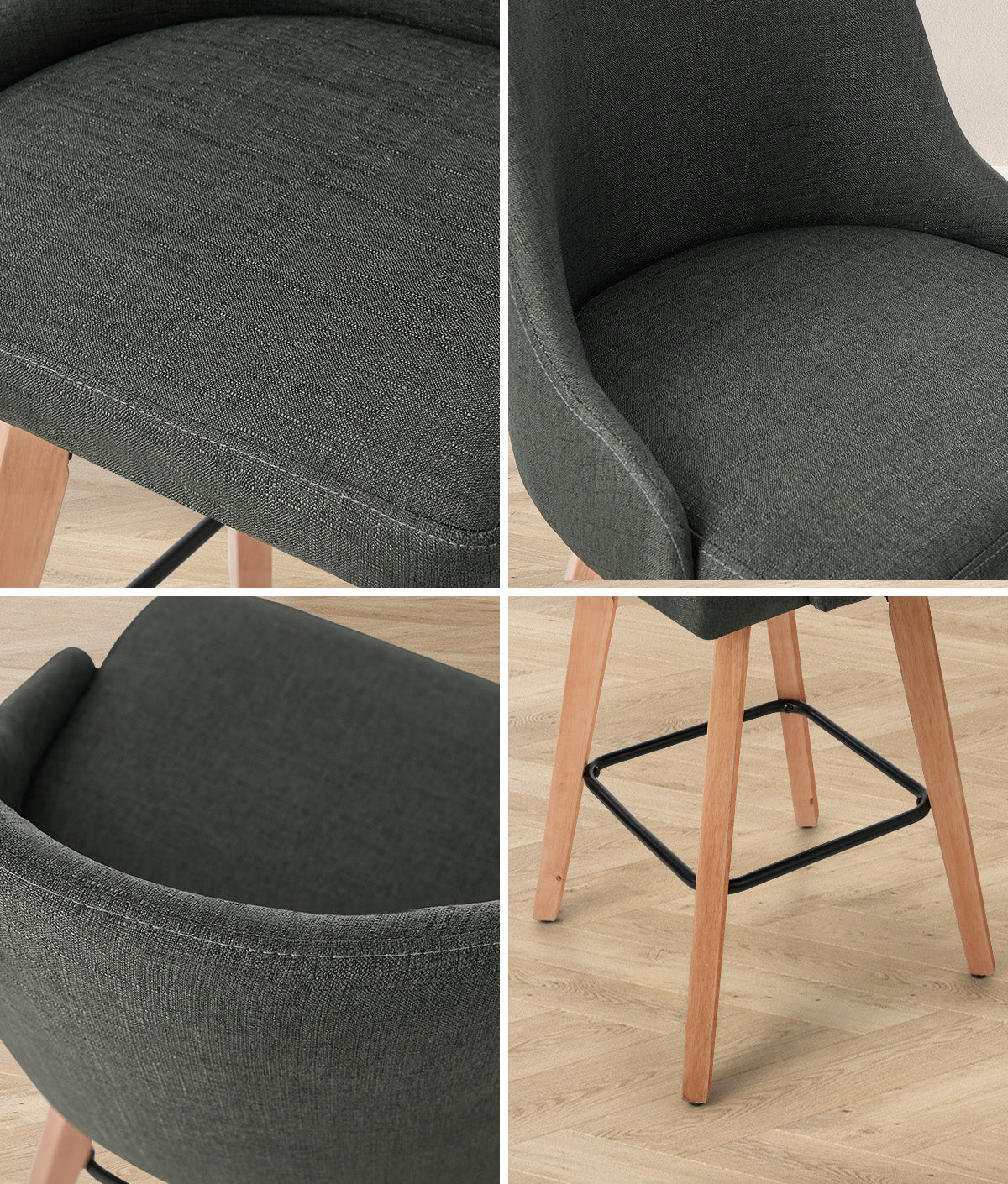 Oikiture 2x Bar Stools Kitchen Dining Chairs Swivel Wooden Stool Linen Grey - Sunyee