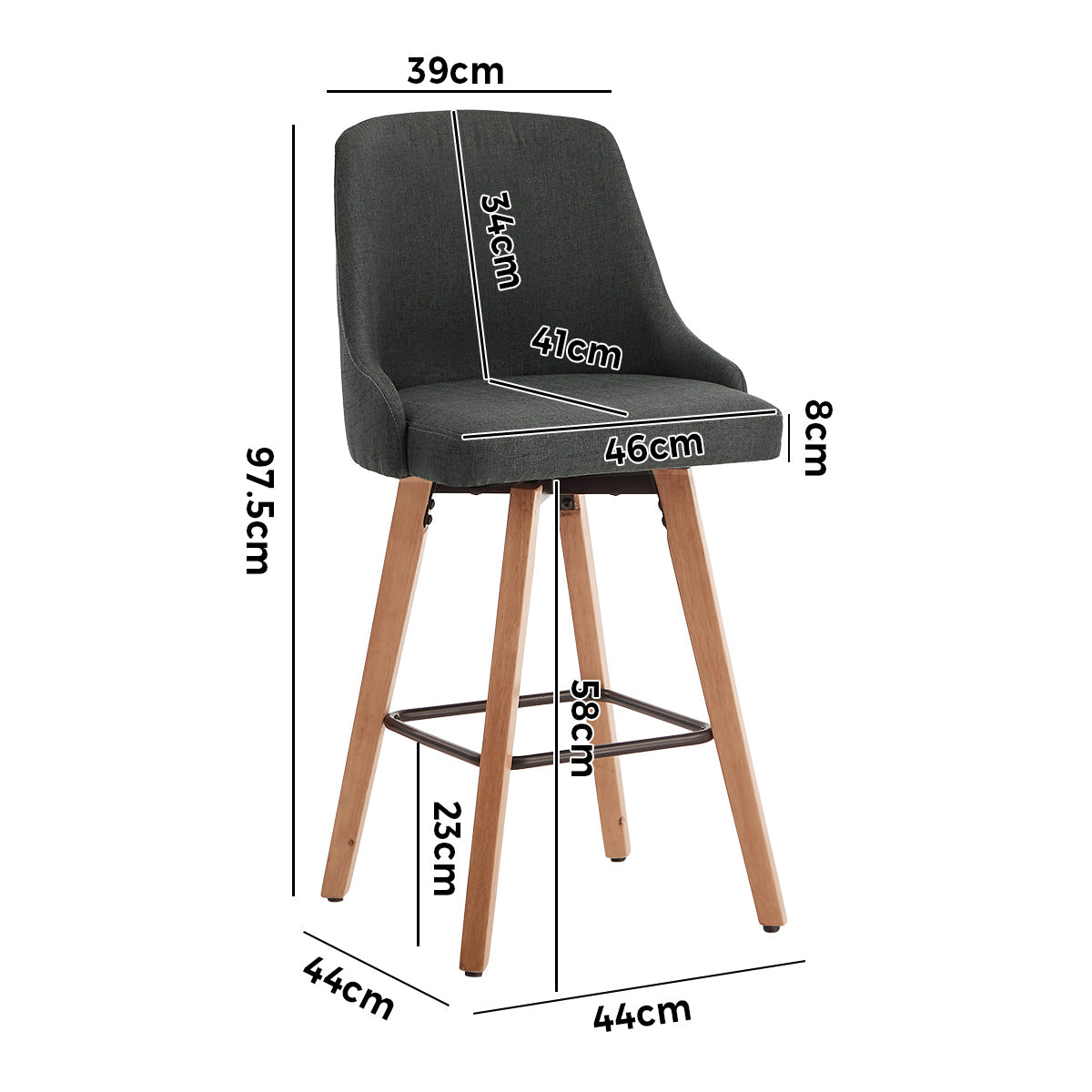 Oikiture 2x Bar Stools Kitchen Dining Chairs Swivel Wooden Stool Linen Grey - Sunyee