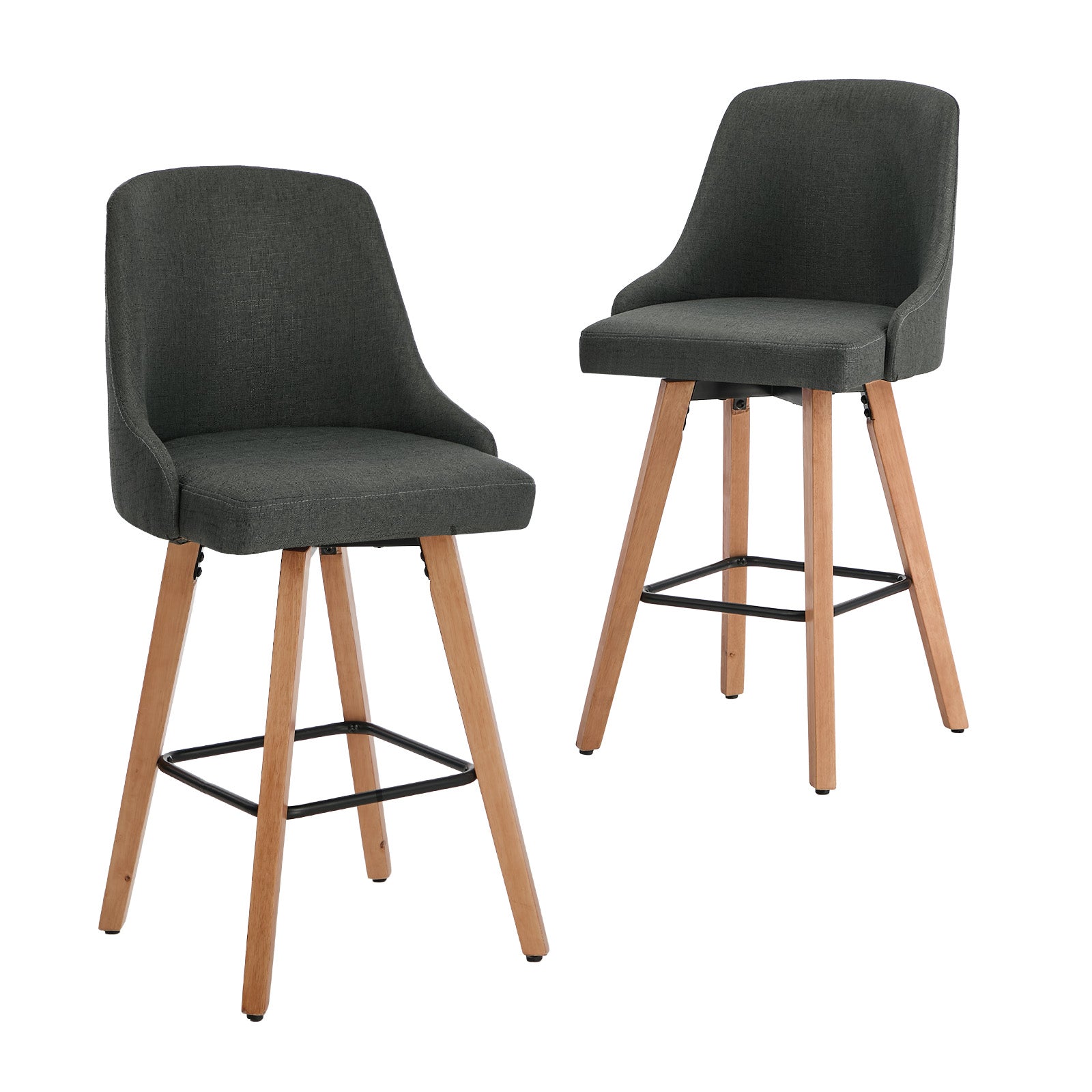 Oikiture 2x Bar Stools Kitchen Dining Chairs Swivel Wooden Stool Linen Grey - Sunyee