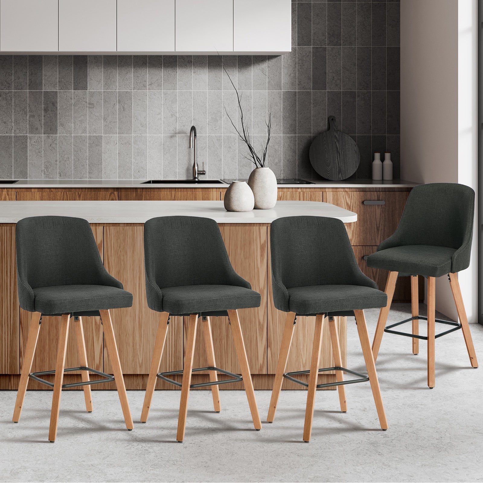 Oikiture 4x Bar Stools Kitchen Dining Chairs Swivel Wooden Stool Linen Grey - Sunyee