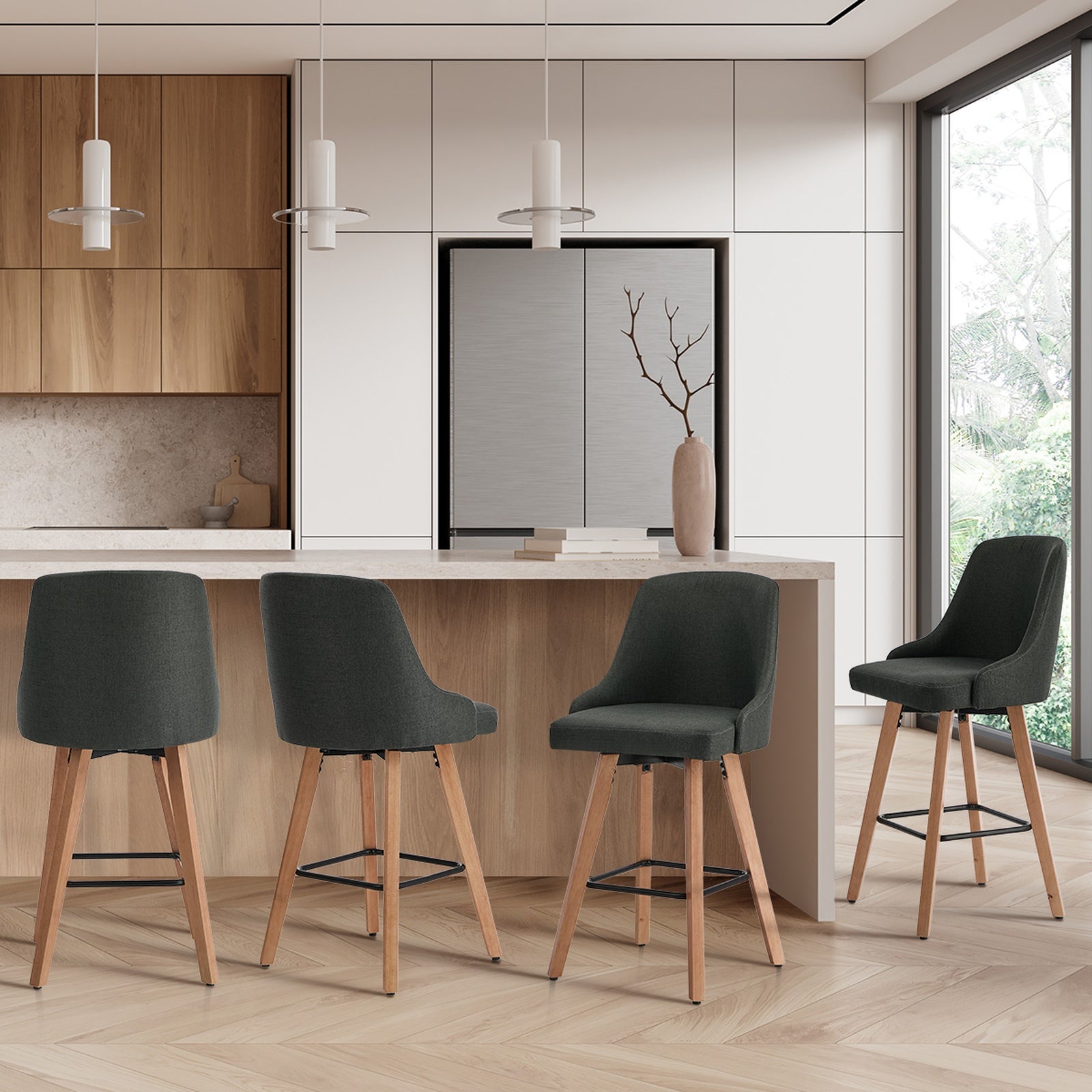 Oikiture 4x Bar Stools Kitchen Dining Chairs Swivel Wooden Stool Linen Grey - Sunyee