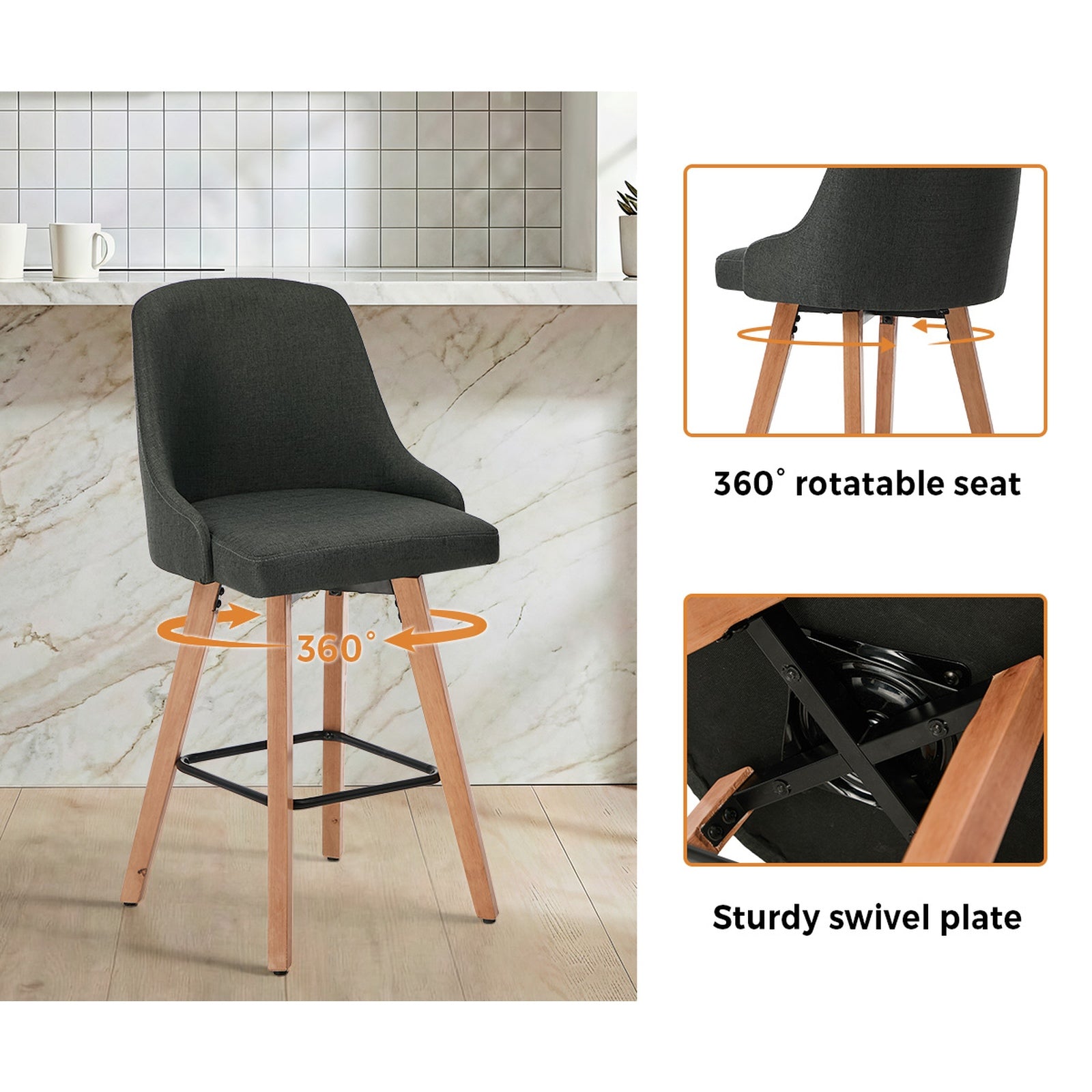 Oikiture 4x Bar Stools Kitchen Dining Chairs Swivel Wooden Stool Linen Grey - Sunyee