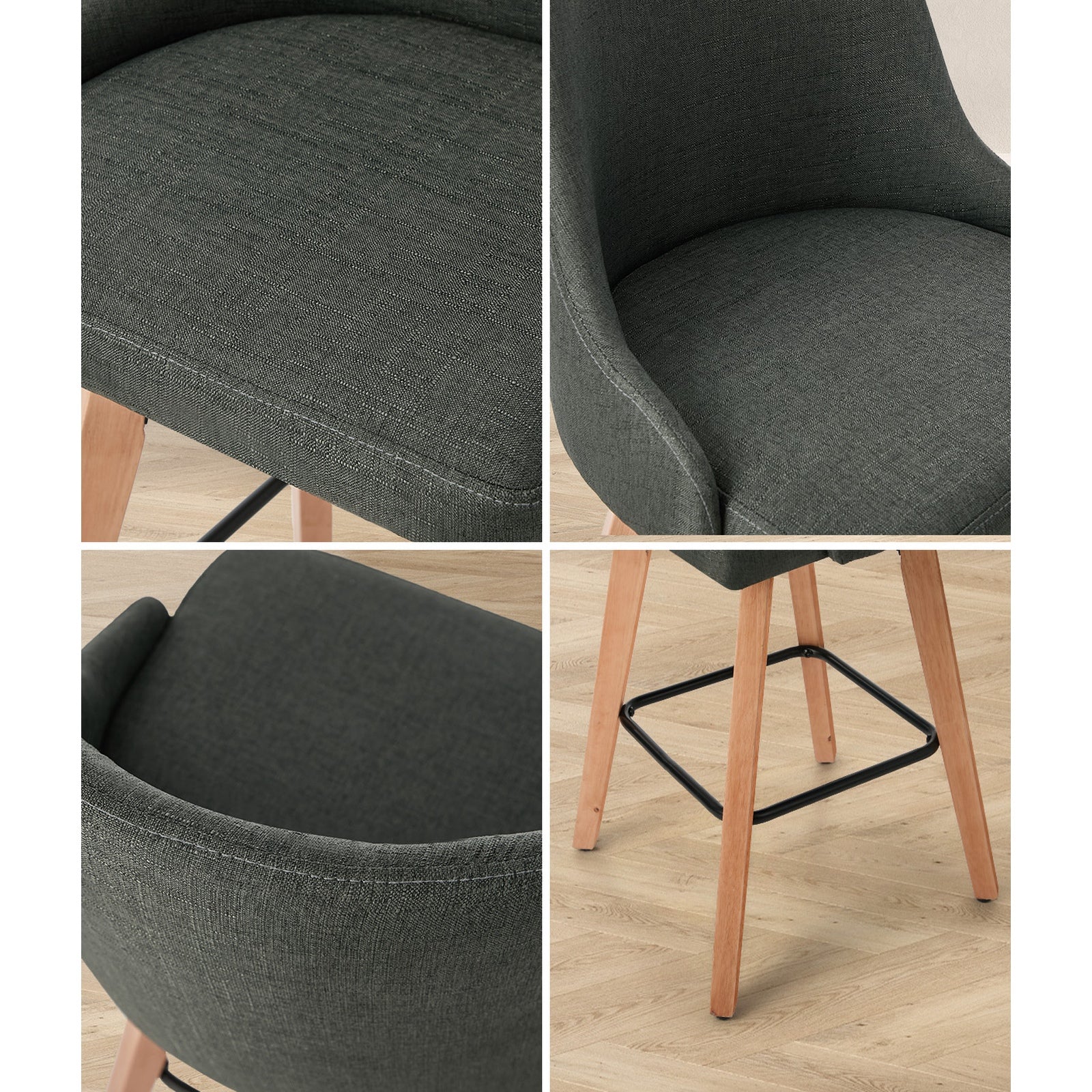 Oikiture 4x Bar Stools Kitchen Dining Chairs Swivel Wooden Stool Linen Grey - Sunyee