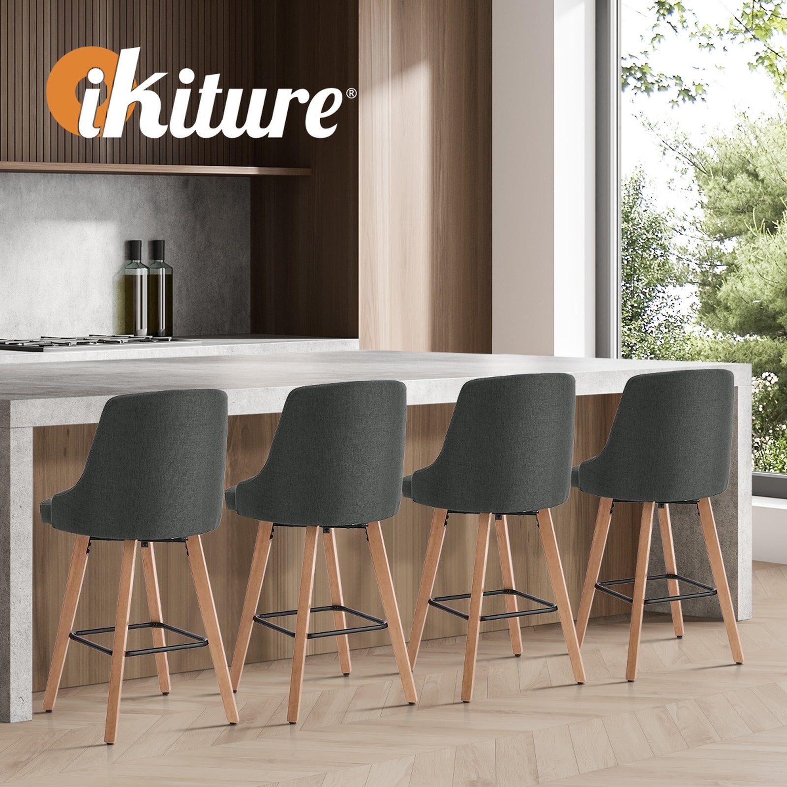 Oikiture 4x Bar Stools Kitchen Dining Chairs Swivel Wooden Stool Linen Grey - Sunyee